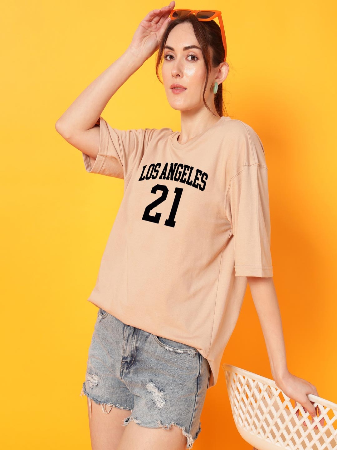 

Dogman Women Abzorb Varsity Printed Round Neck Cotton Oversized T-shirt, Beige