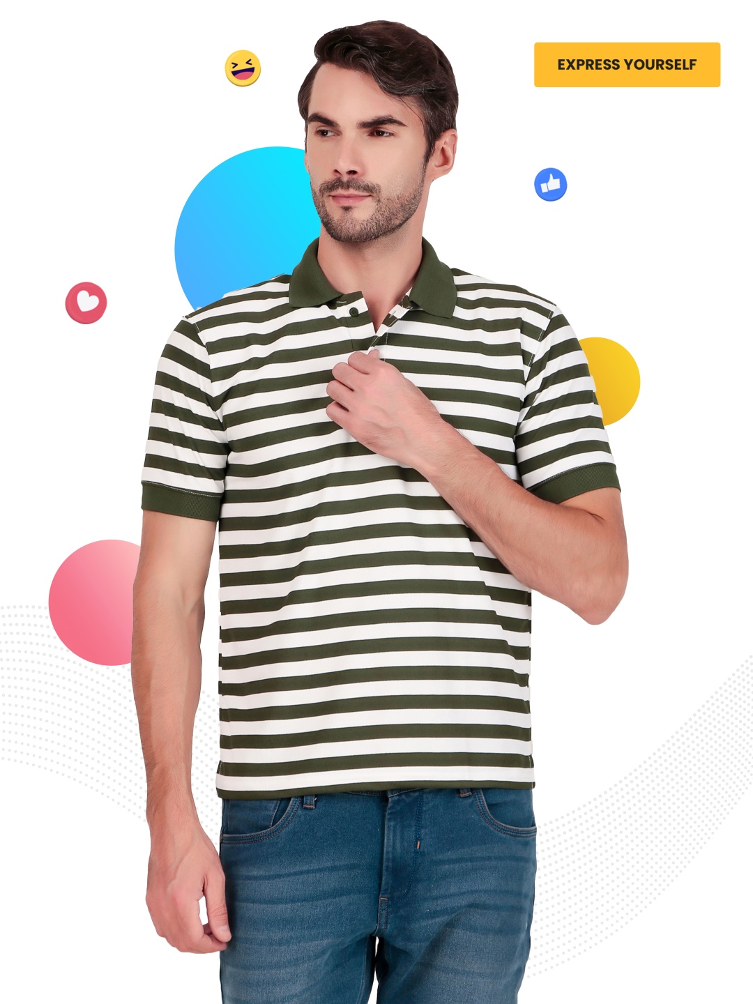 

BAESD Men Striped Polo Collar Applique T-shirt, Olive