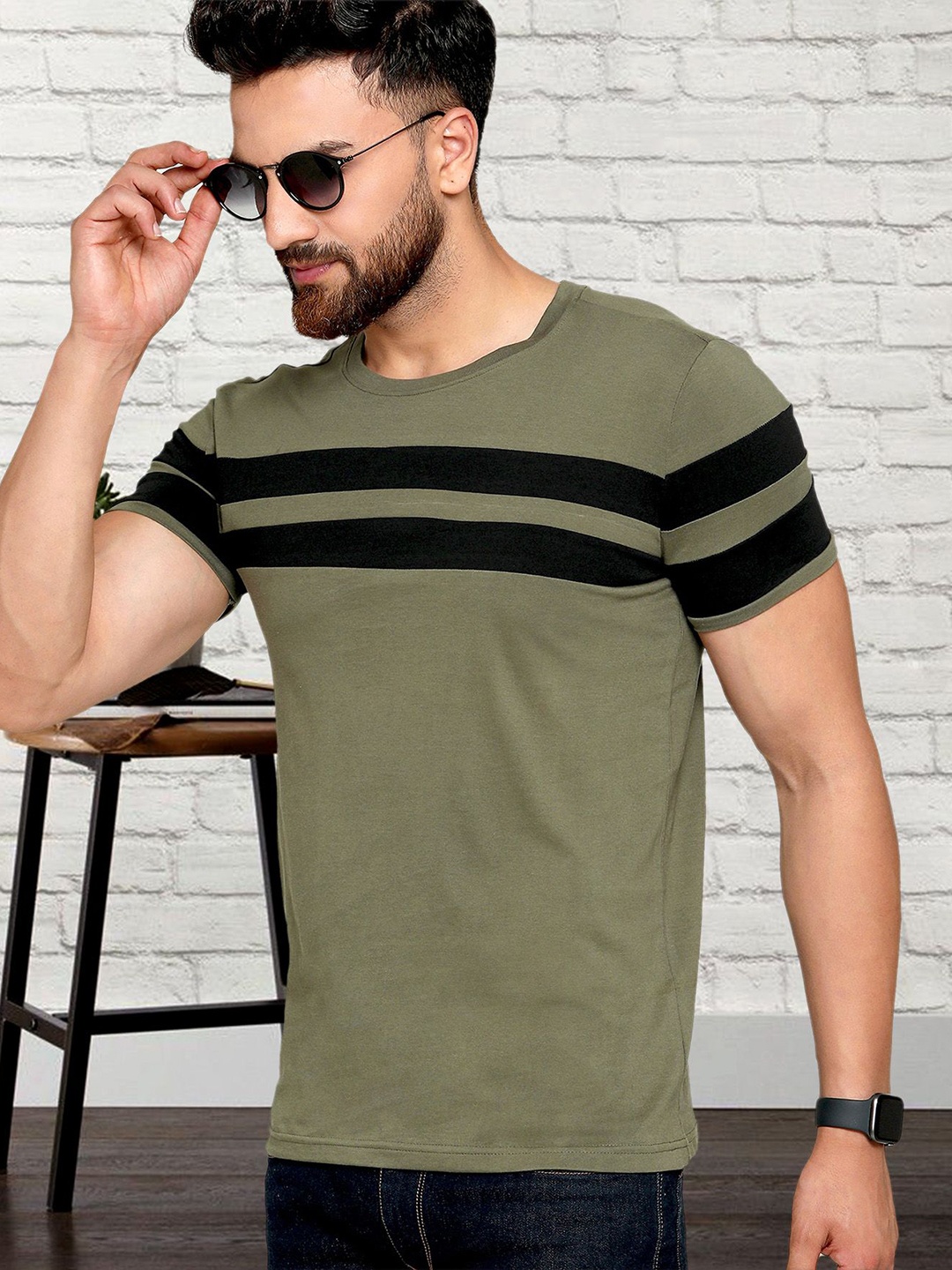 

AOOSH Men Striped Round Neck Cotton T-shirt, Olive