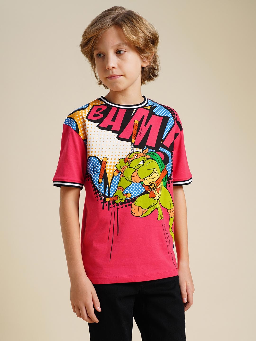 

Jack & Jones Junior Boys Mutant Ninja Turtles Graphic Printed Round Neck Cotton T-shirt, Pink