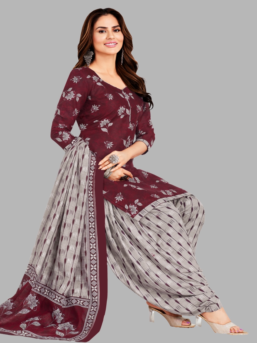 

Simmu Floral Printed Pure Cotton Unstitched Dress Material, Maroon