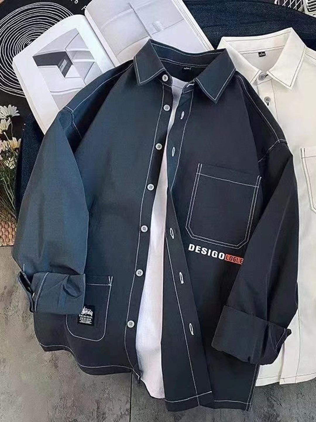 

HERE&NOW Men Standard Fit Spread Collar Solid Denim Casual Shirt, Navy blue