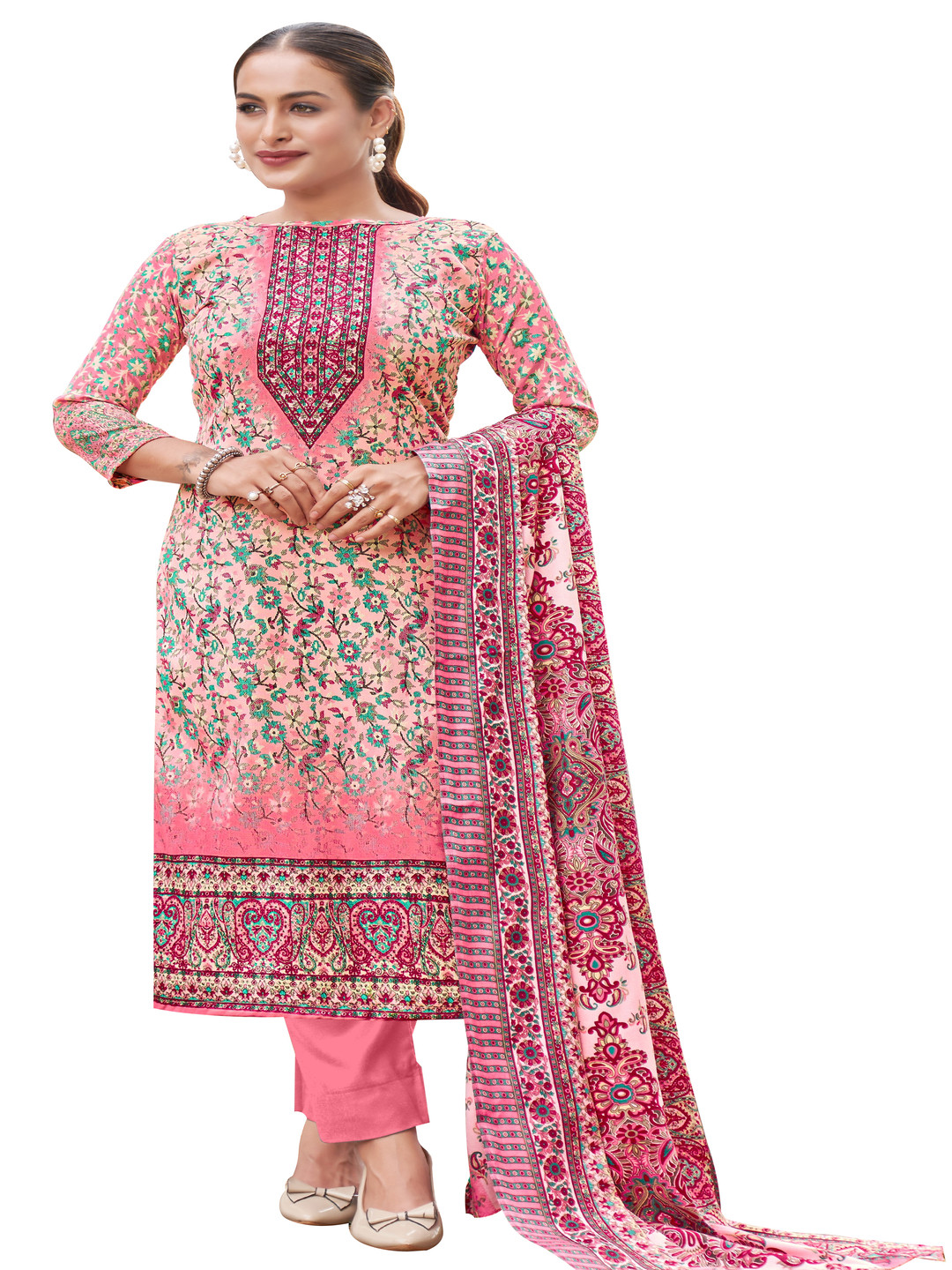

DRAVINAM Trends Floral Printed Pashmina Unstitched Dress Material, Pink