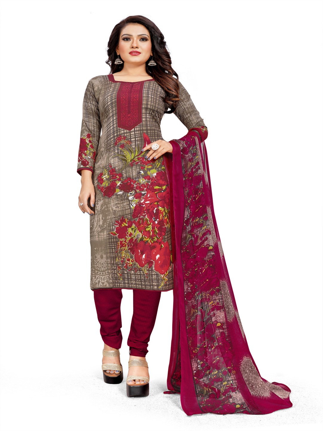 

HERE&NOW Embellished Unstitched Dress Material, Red
