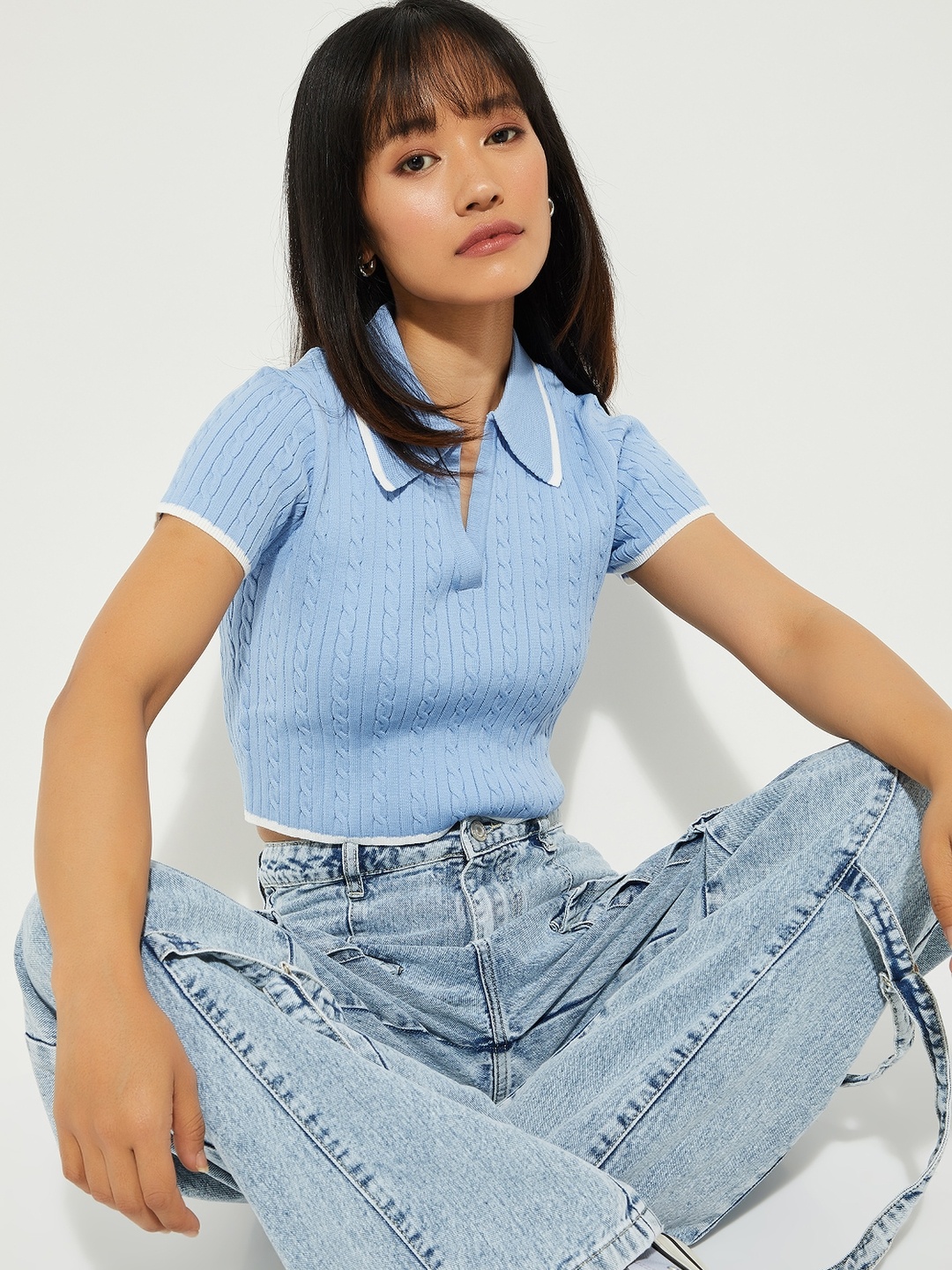 

max Women Self Design Polo Collar T-shirt, Blue