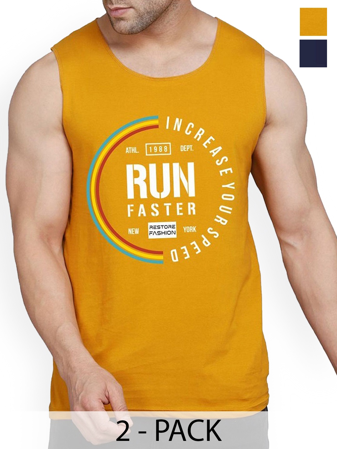 

WOOSTRO Men Pack Of 2 Printed Round Neck Gym Vests, Mustard