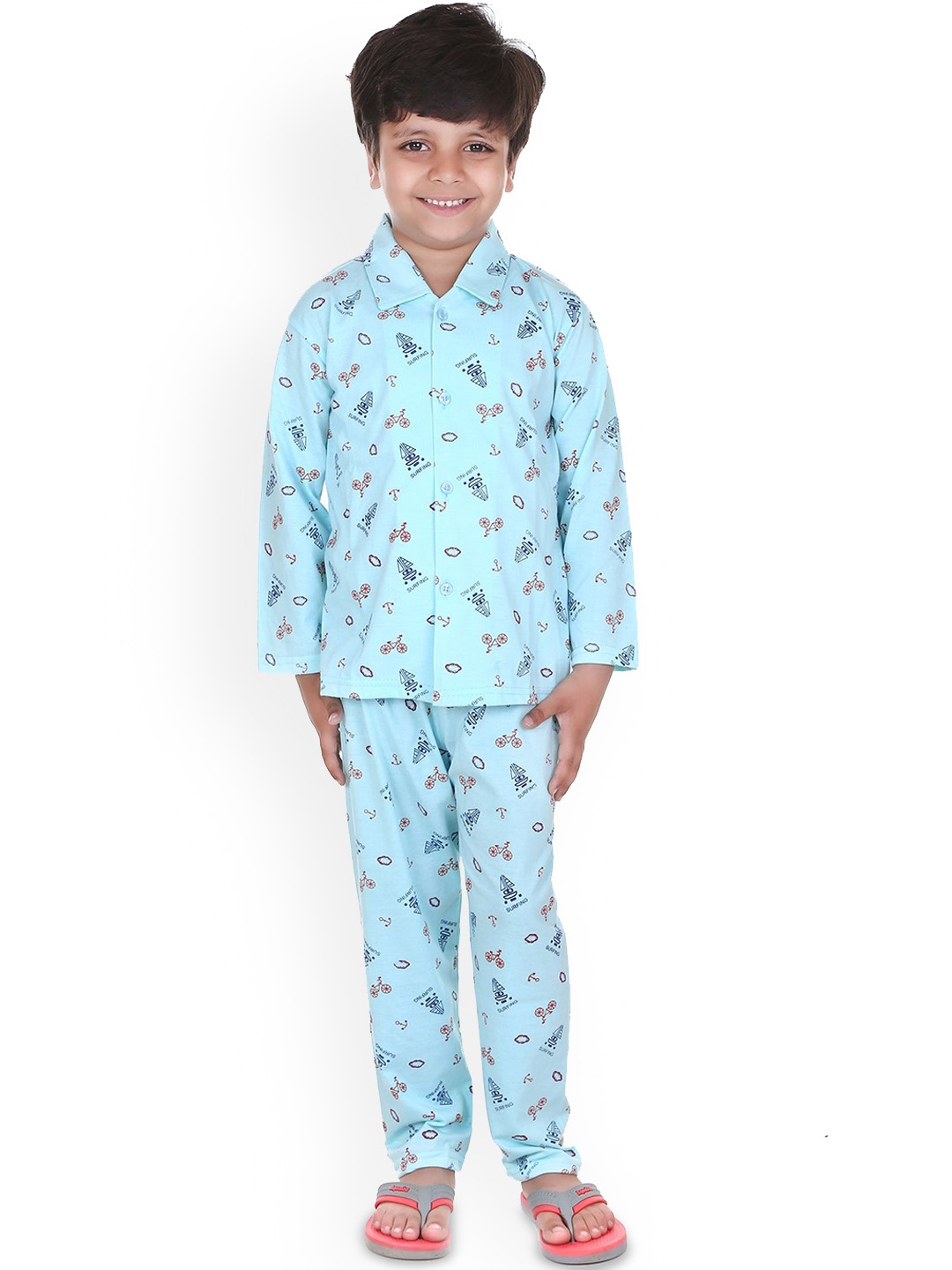 

MMShopy Kids Shirt Collar Printed Night suit, Blue