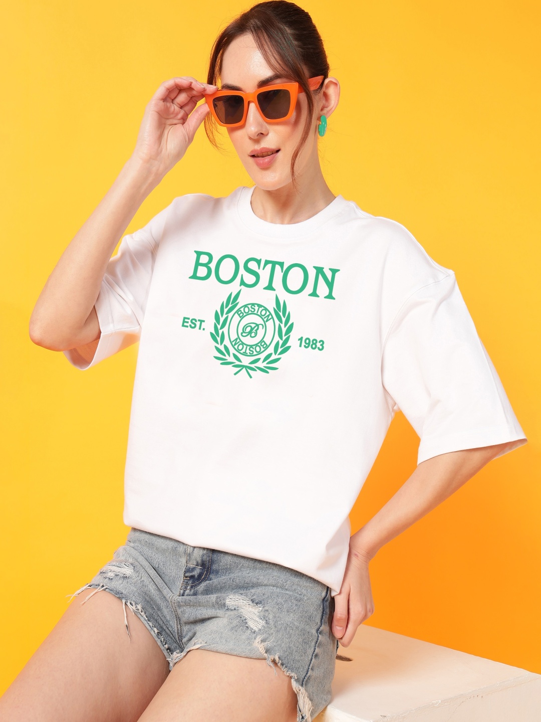 

Dogman Women Abzorb Varsity Printed Round Neck Cotton Oversized T-shirt, White