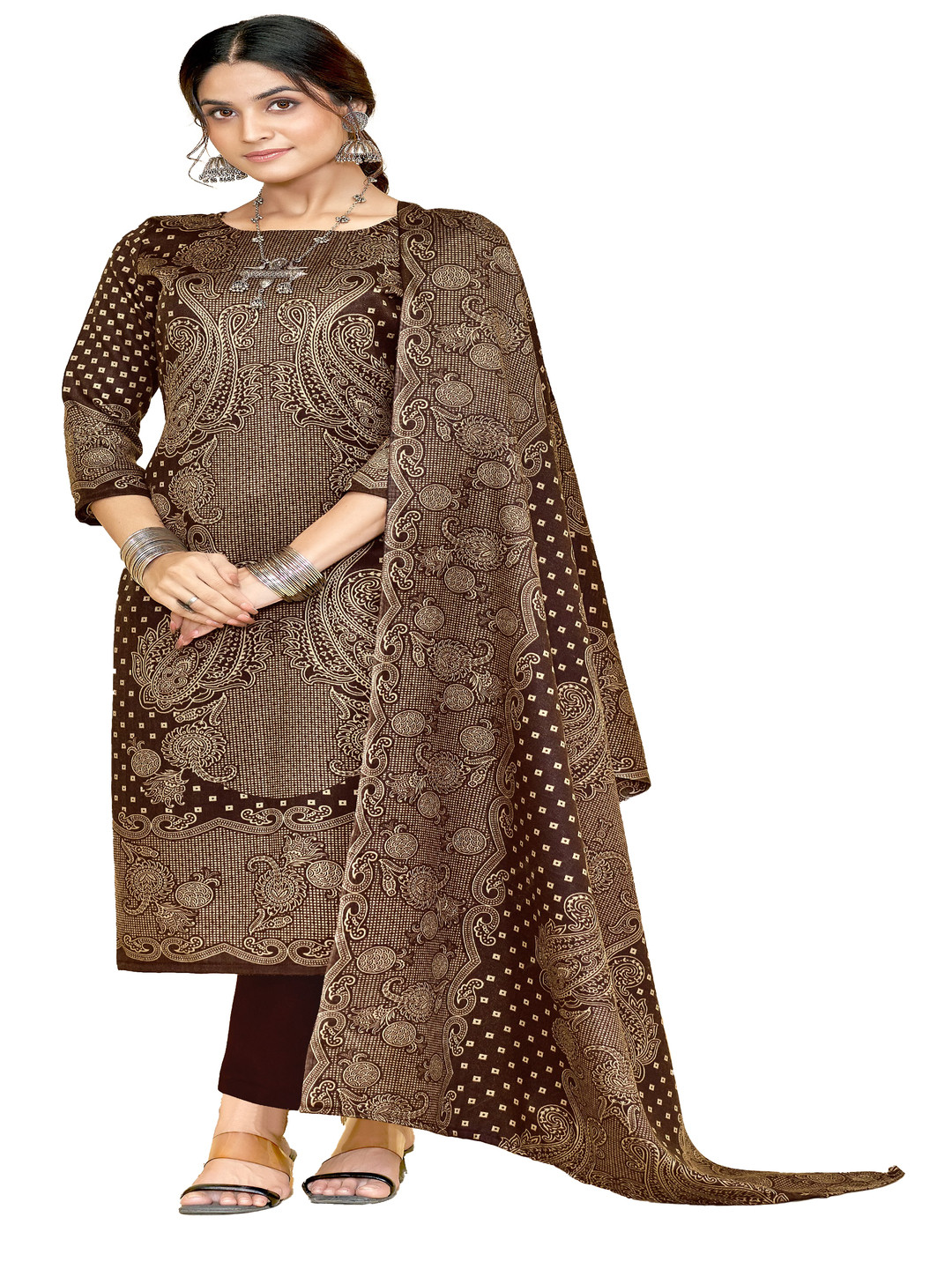 

DRAVINAM Trends Paisley Ethnic Motifs Printed Pashmina Unstitched Dress Material, Brown