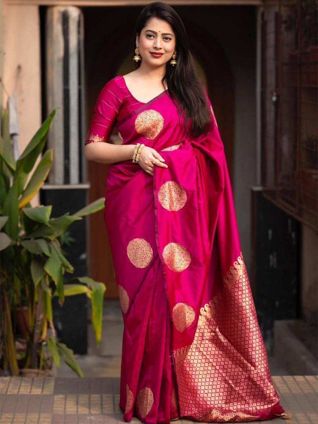 

bansari textiles Ethnic Motifs Woven Design Pure Cotton Kanjeevaram Saree, Pink