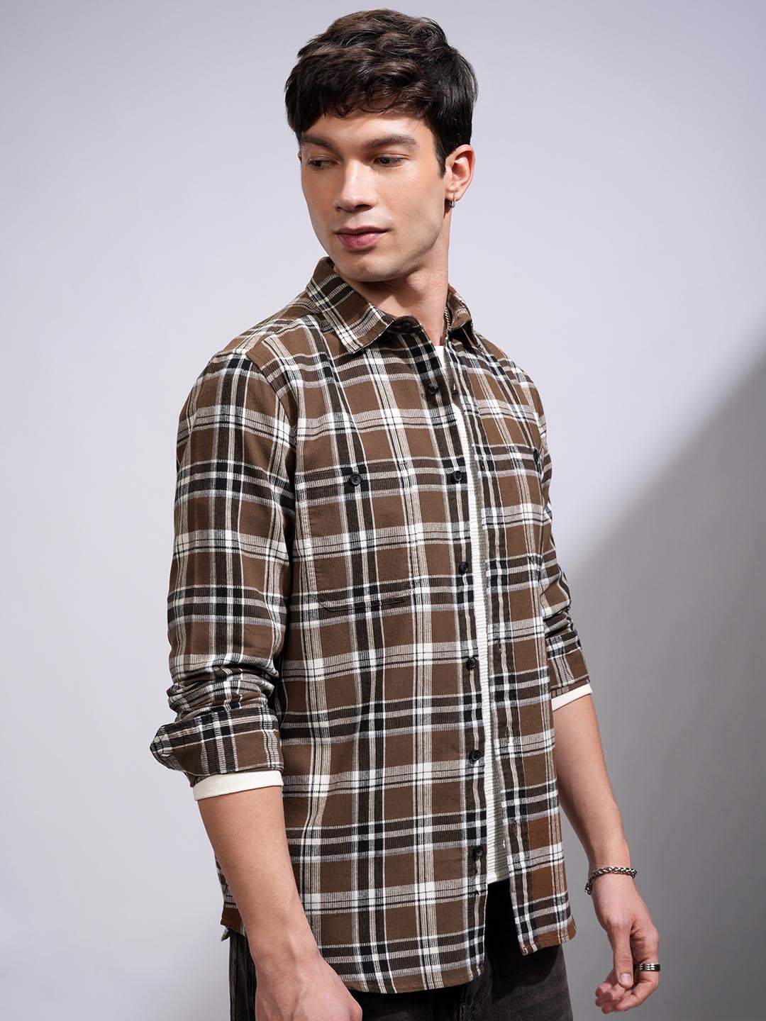 

HIGHLANDER Men Flannel Textured Checked Casual Shirt, Green