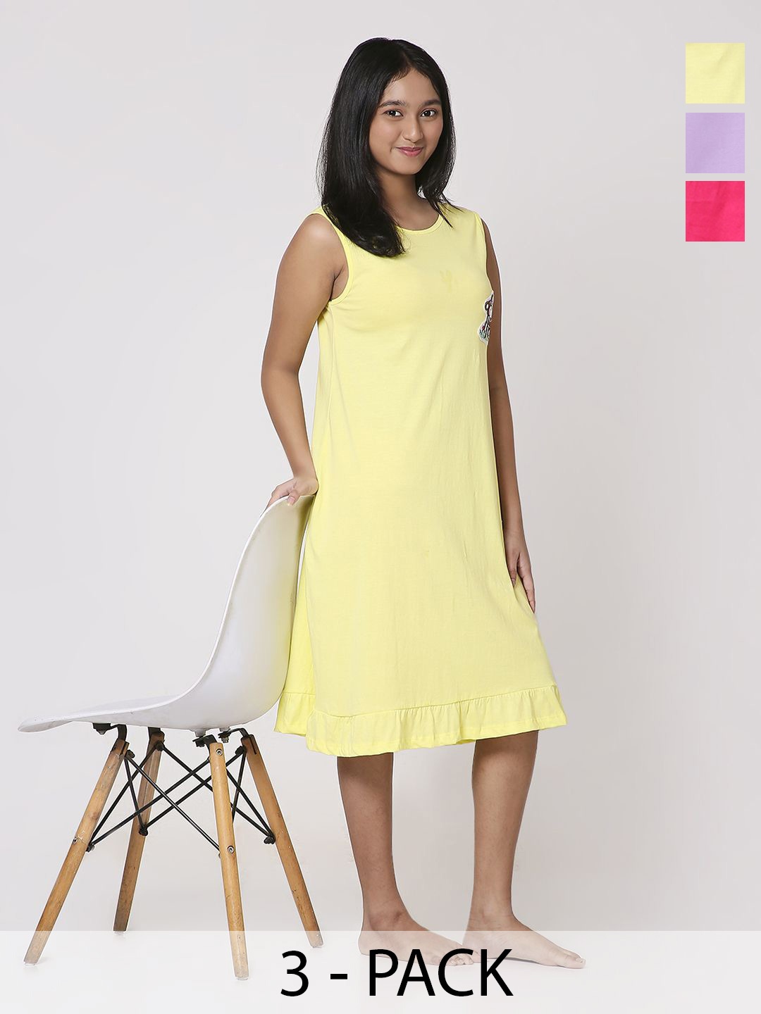 

TotzTouch Girls Pack Of 3 Pure Cotton Sleeveless Nightdress, Yellow