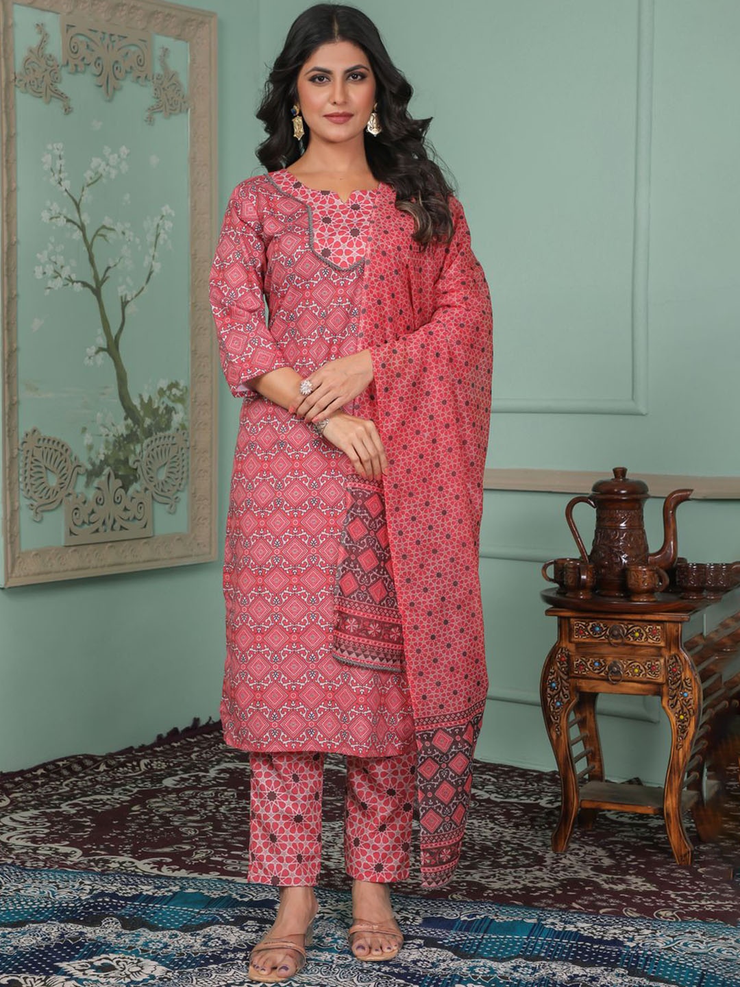 

KALINI Floral Printed Round Neck Straight Kurta With Trousers And Dupatta, Pink