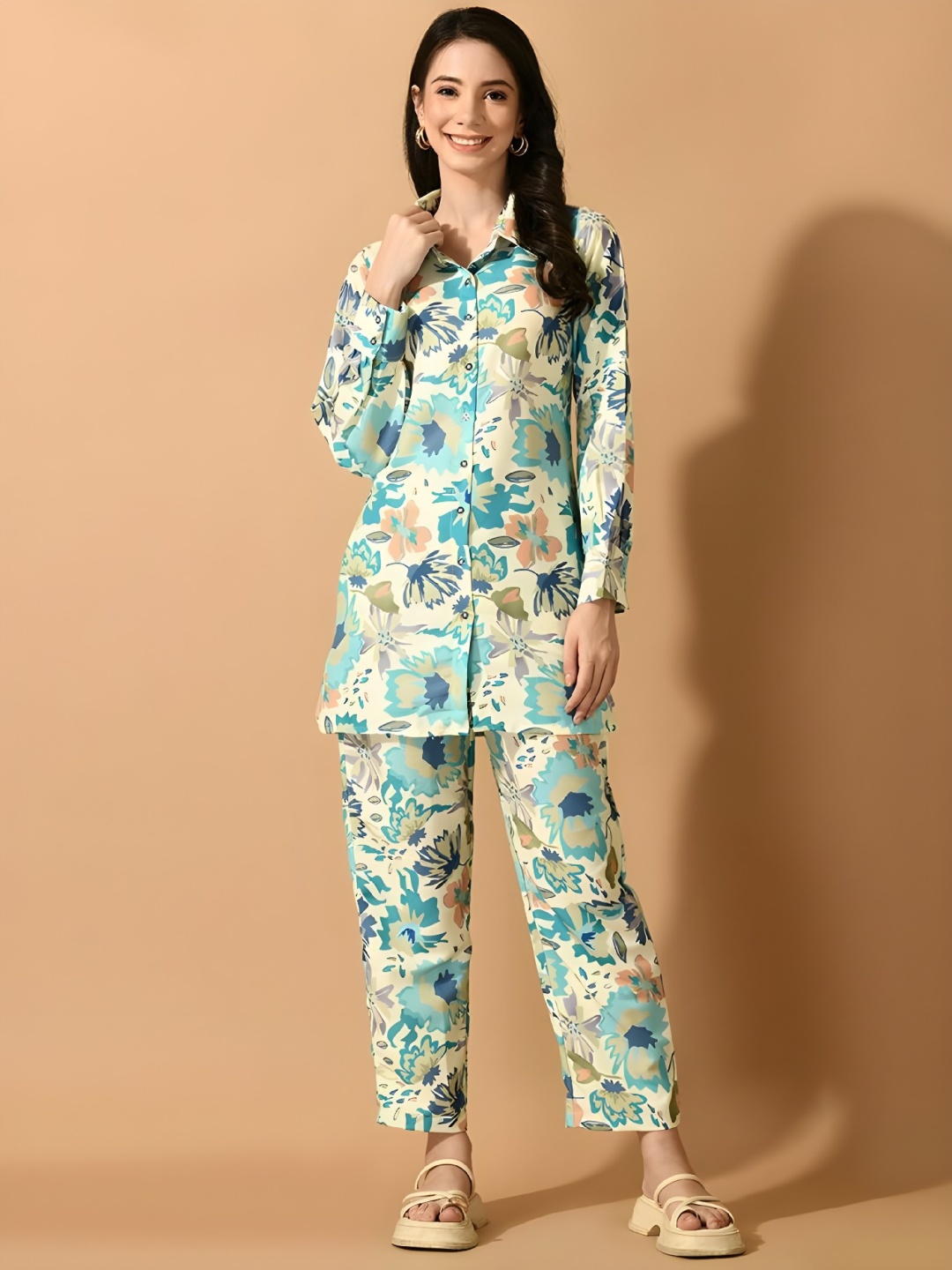 

Acriine Floral Printed Shirt Collar Shirt With Trouser, White