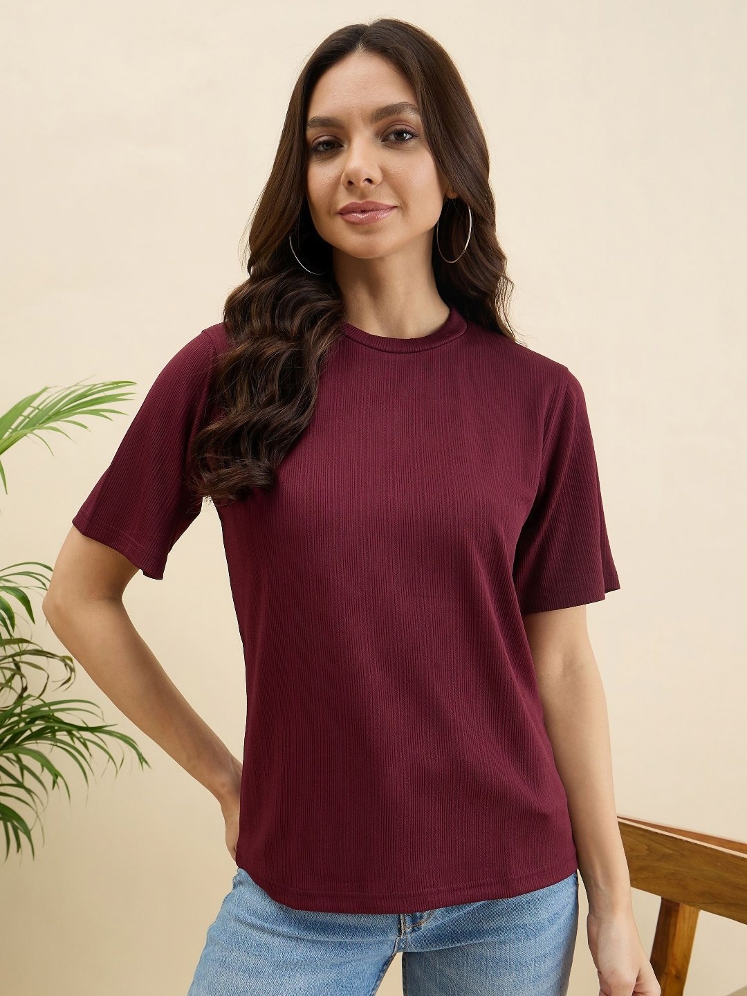 

Mast & Harbour Women Self Design Round Neck T-shirt, Burgundy