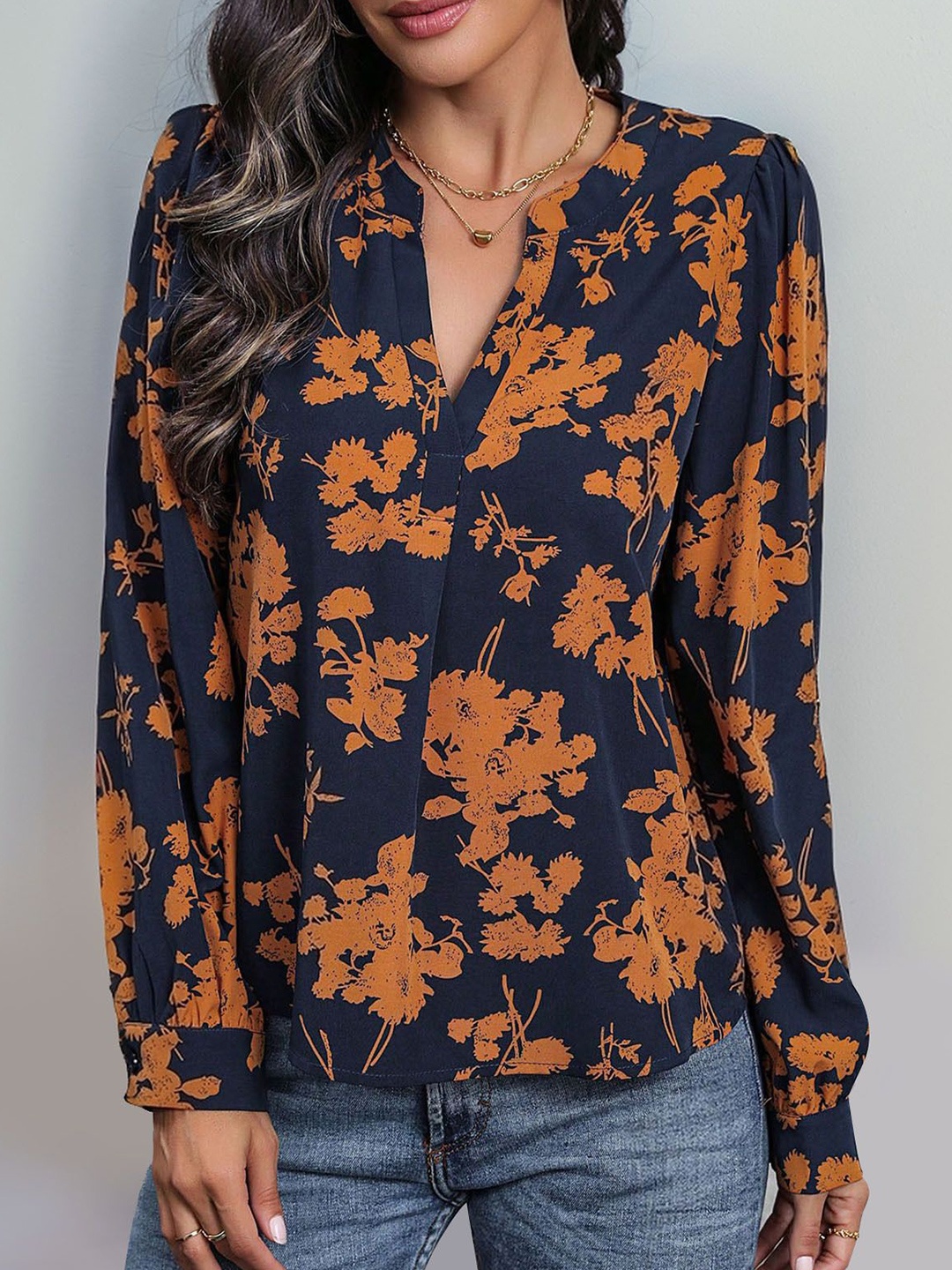 

StyleCast x Revolte Women Floral Printed Shirt Style Top, Navy blue