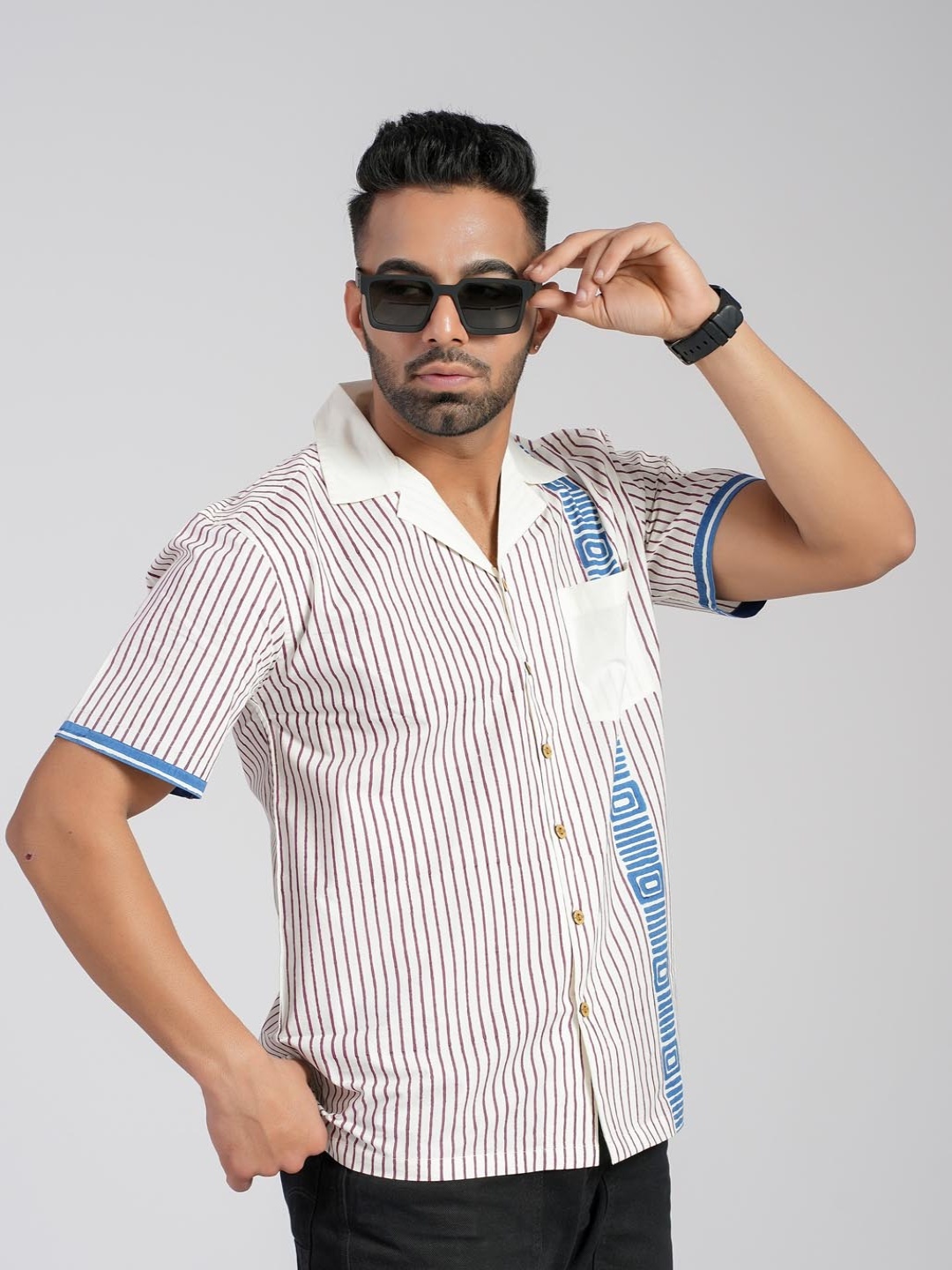 

Cotton Curio Men Comfort Fit Cuban Collar Vertical Striped Cotton Casual Shirt, White