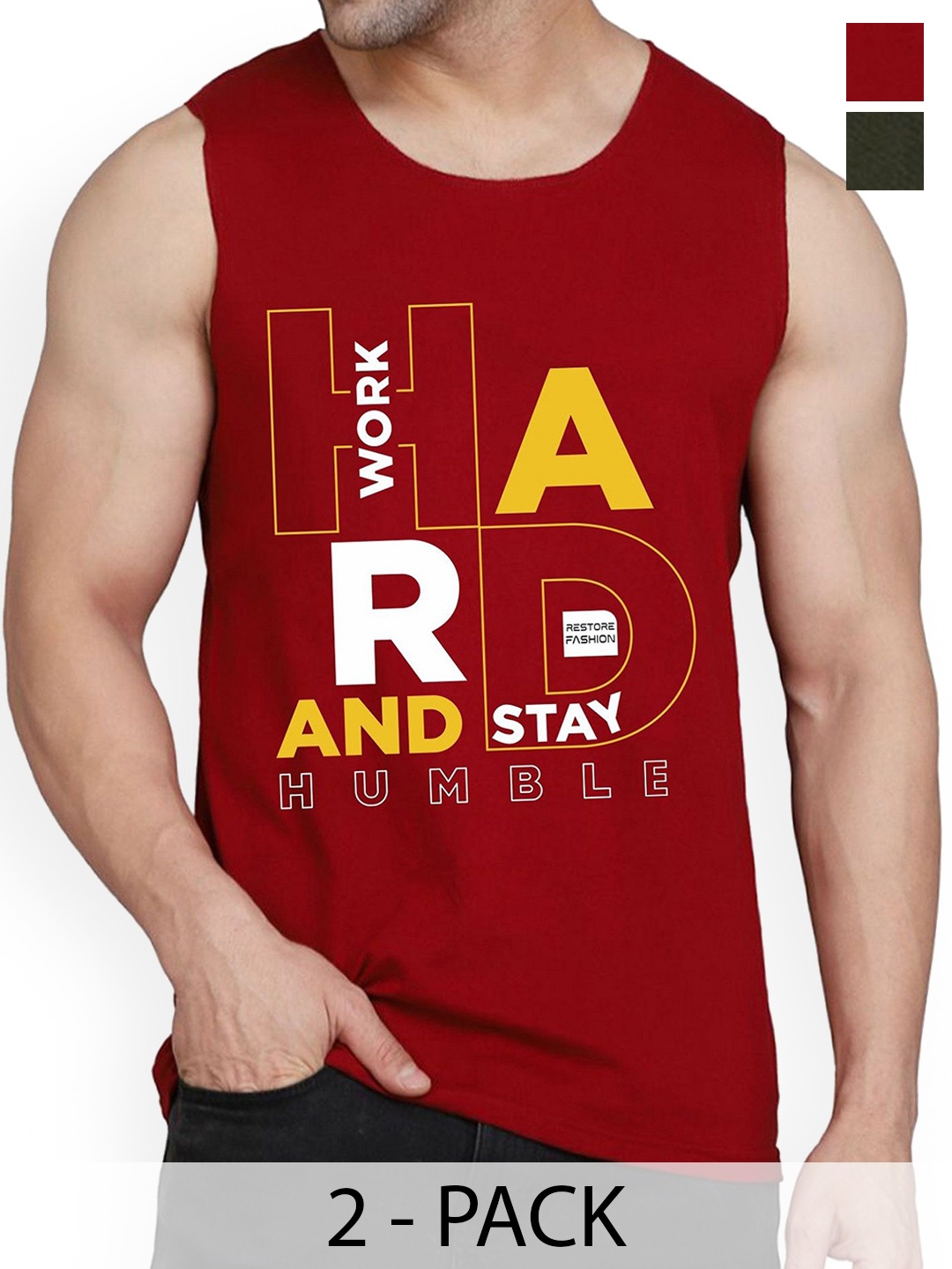 

Woostro Pack Of 2 Printed Cotton Gym Vests RS26 CMB (HARD MAROON) (RUN OLIVE)