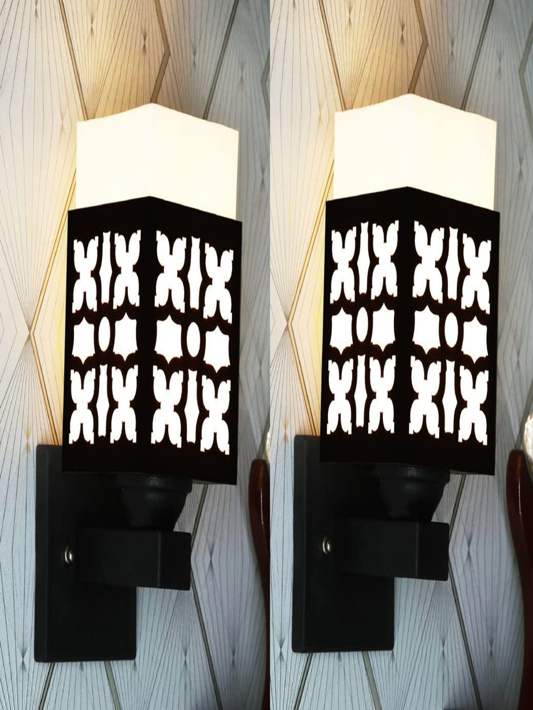 

Gojeeva Black & White 2 Pieces Textured Wooden Rectangle Shaped Wall Lamps