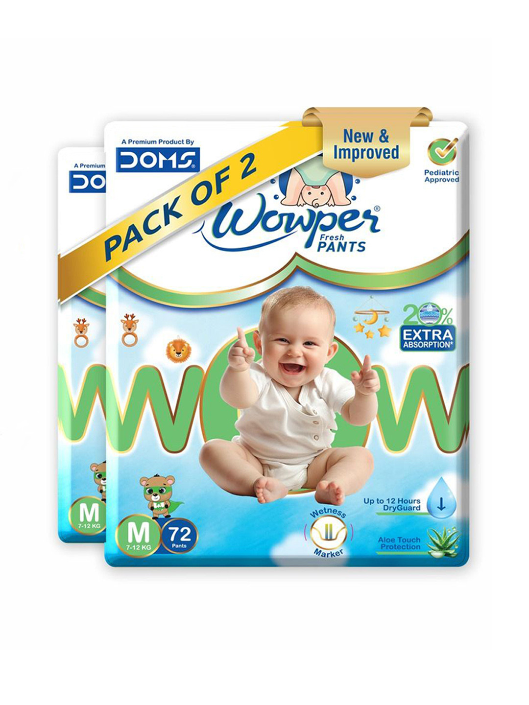 

Wowper Baby Set Of 2 Pant Style Diaper With 3D Diamond Cross Core - M - 72-Pcs Each, White