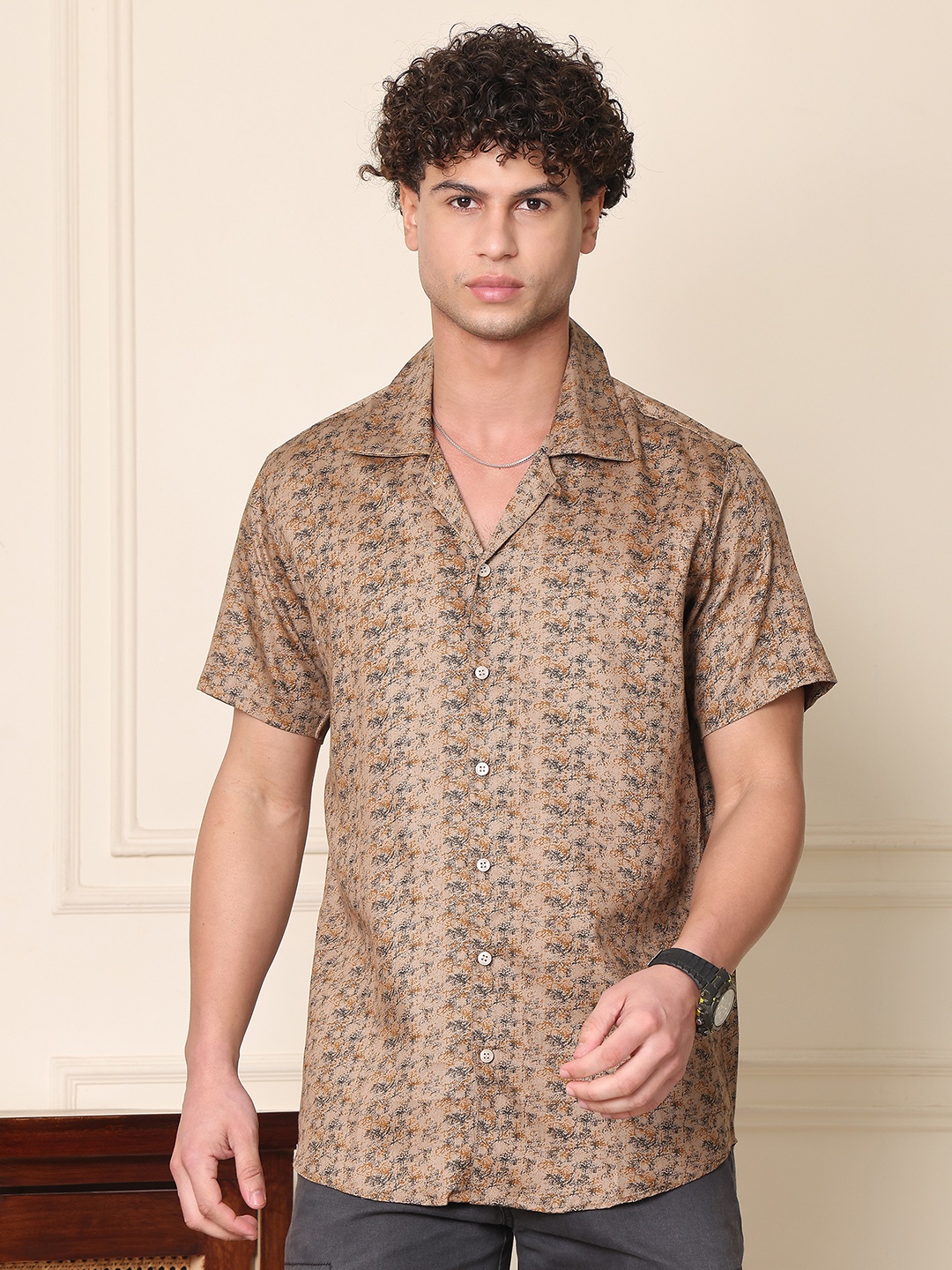 

Tanip Men Cuban Collar Abstract Printed Cotton Casual Shirt, Beige