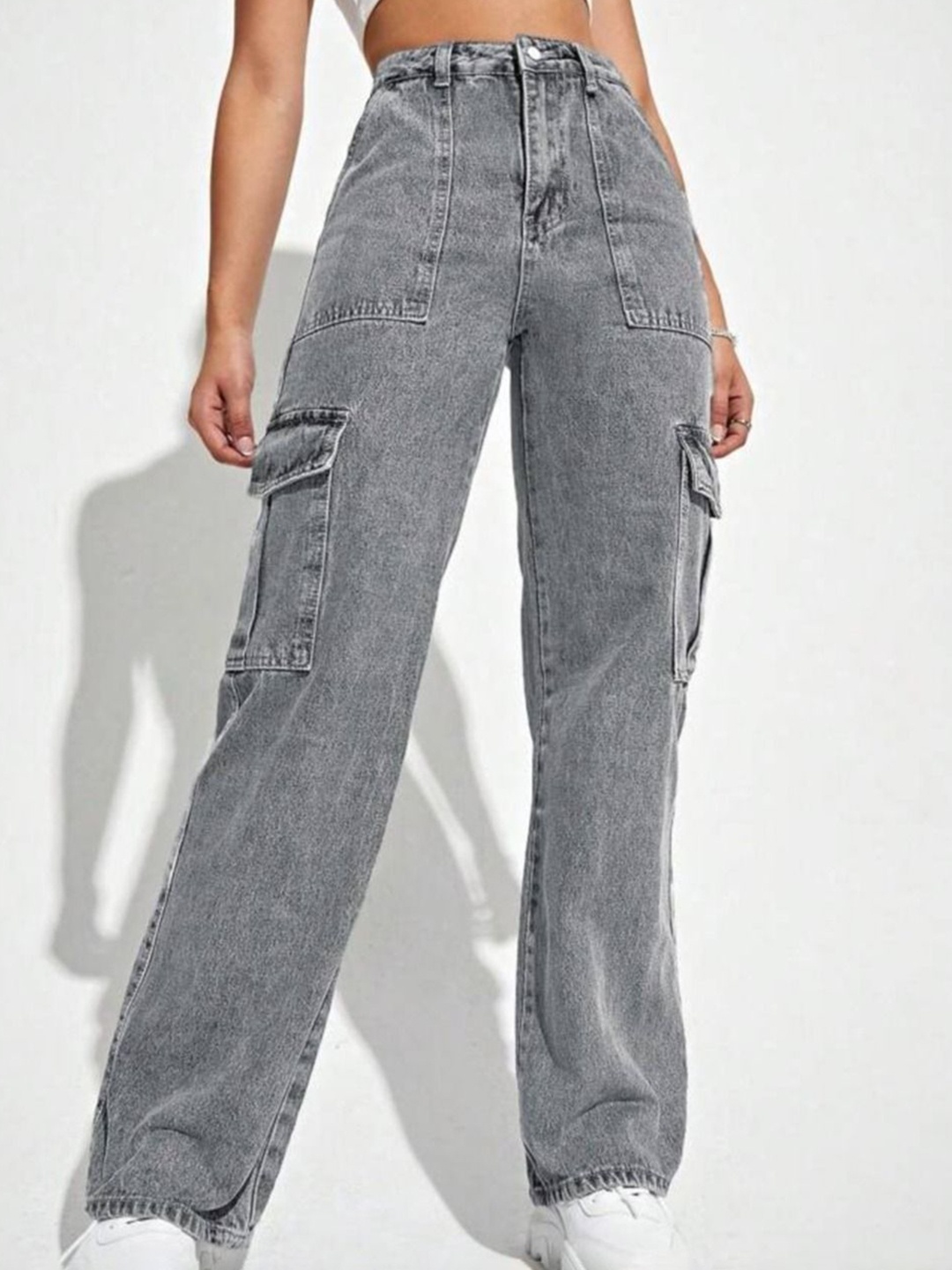 

Zizvo Women Baggy High-Rise Cotton Heavy Fade Jeans, Grey