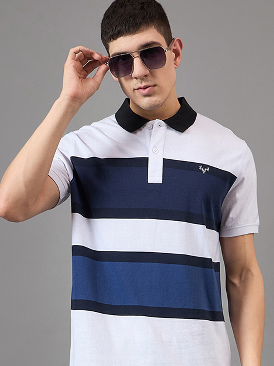 

BRONATION Men Striped Polo Collar Cotton T-shirt, White