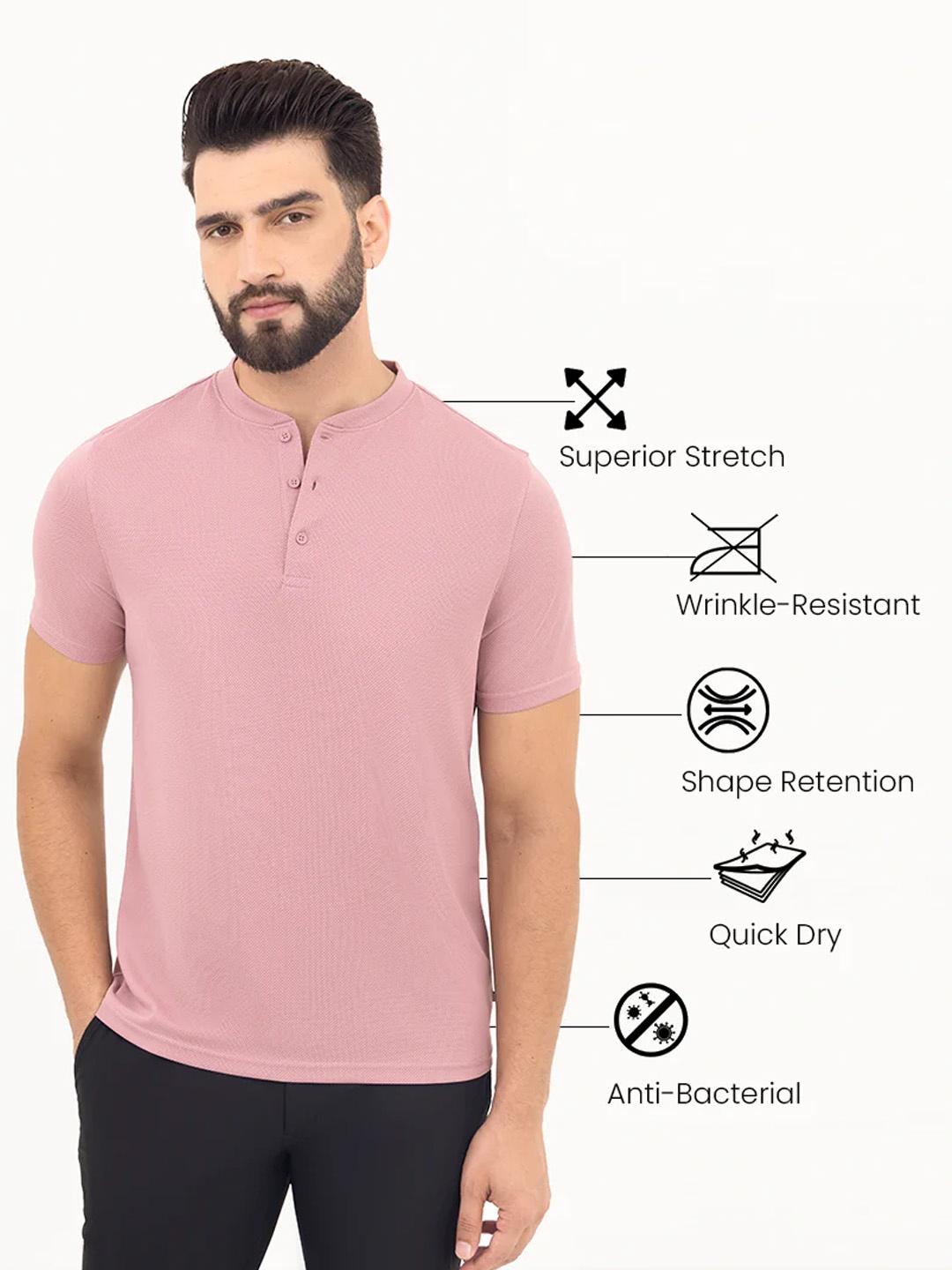 

Harfun Men Self Design Henley Neck T-shirt, Pink