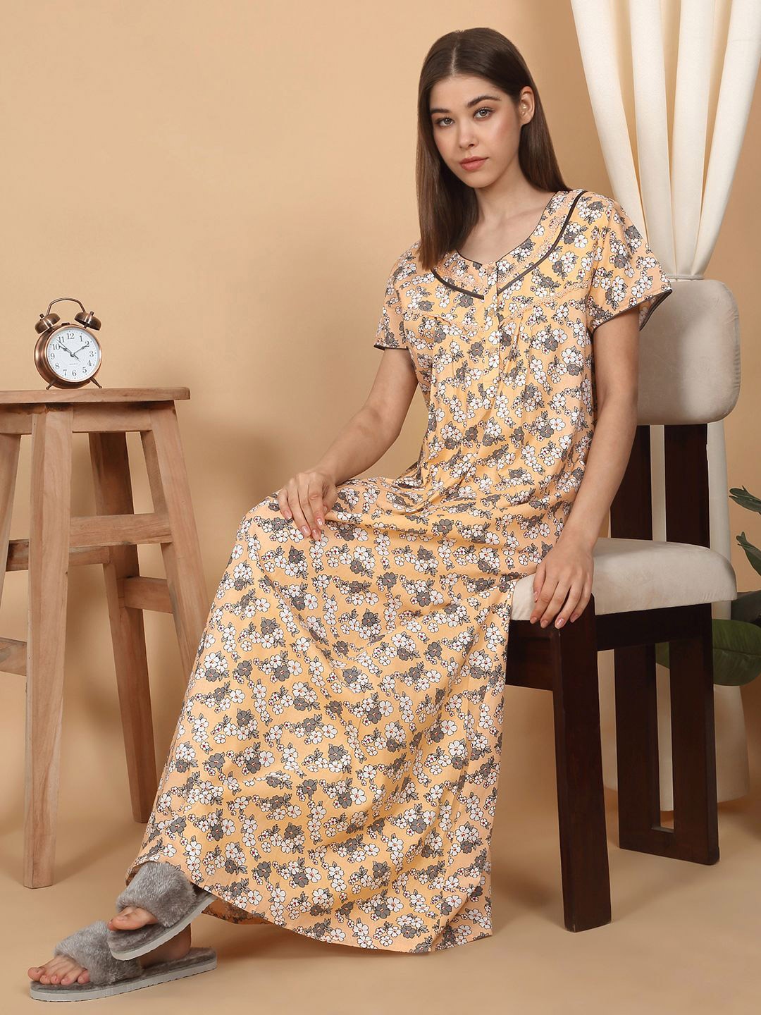 

SAANJ Women Printed Pure Cotton Maxi Nightdress, Beige