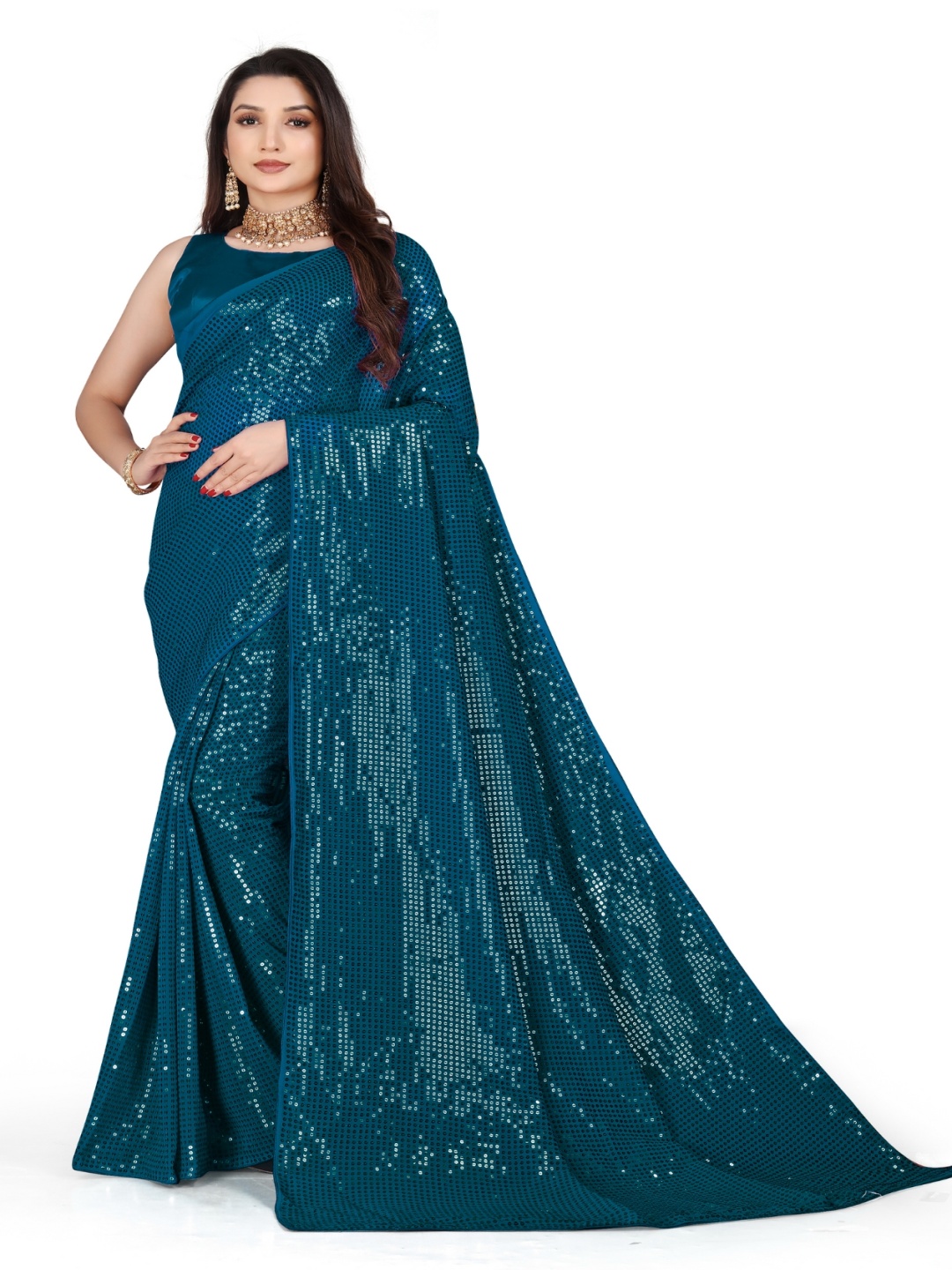 

Moda Rapido Embellished Sequinned Pure Georgette Saree, Turquoise blue