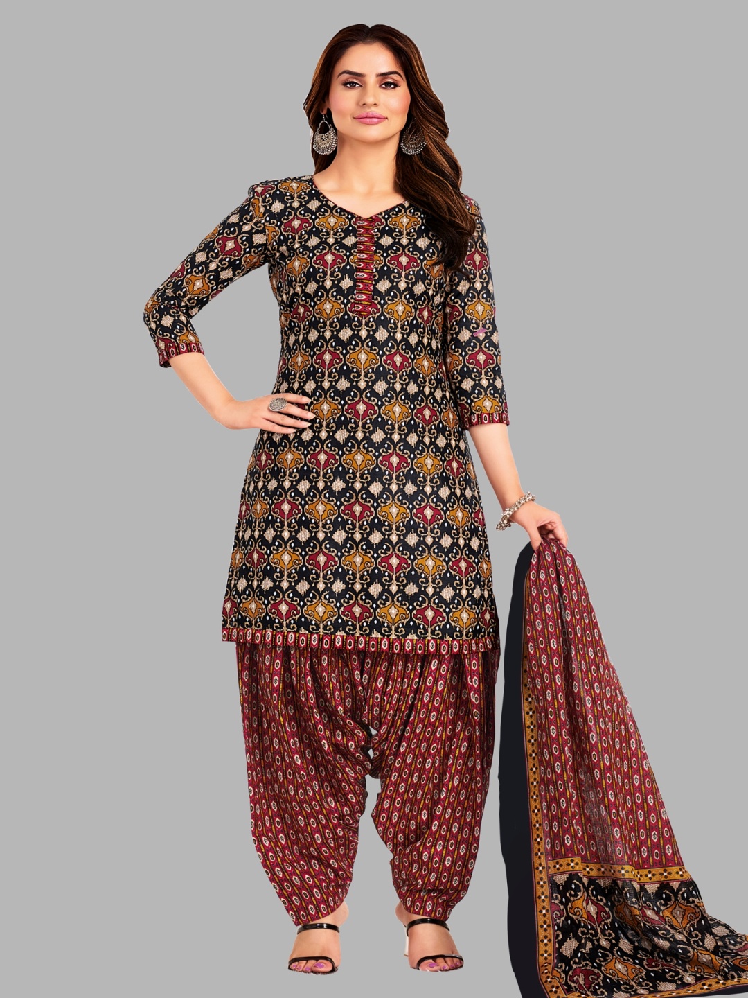 

Simmu Ethnic Motifs Printed Pure Cotton Unstitched Dress Material, Black