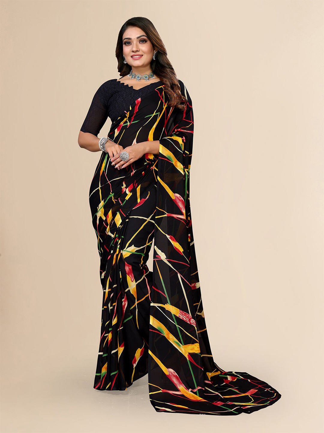 

Moda Rapido Women Abstract Printed Saree, Black