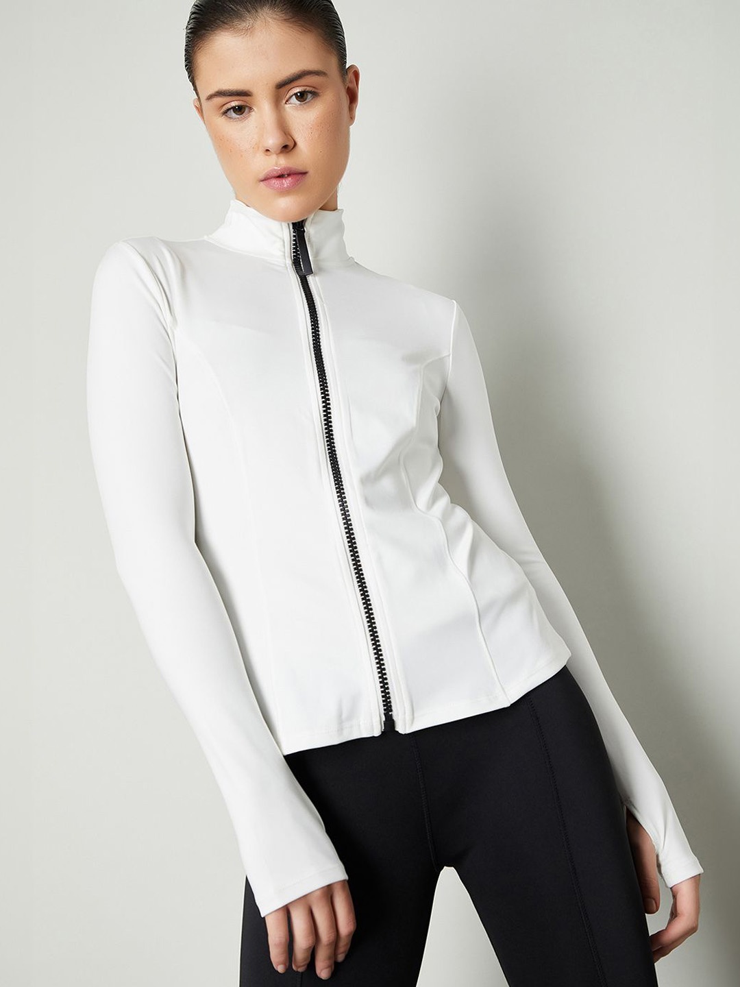 

max Women Mock Collar Solid Sporty Jacket, White