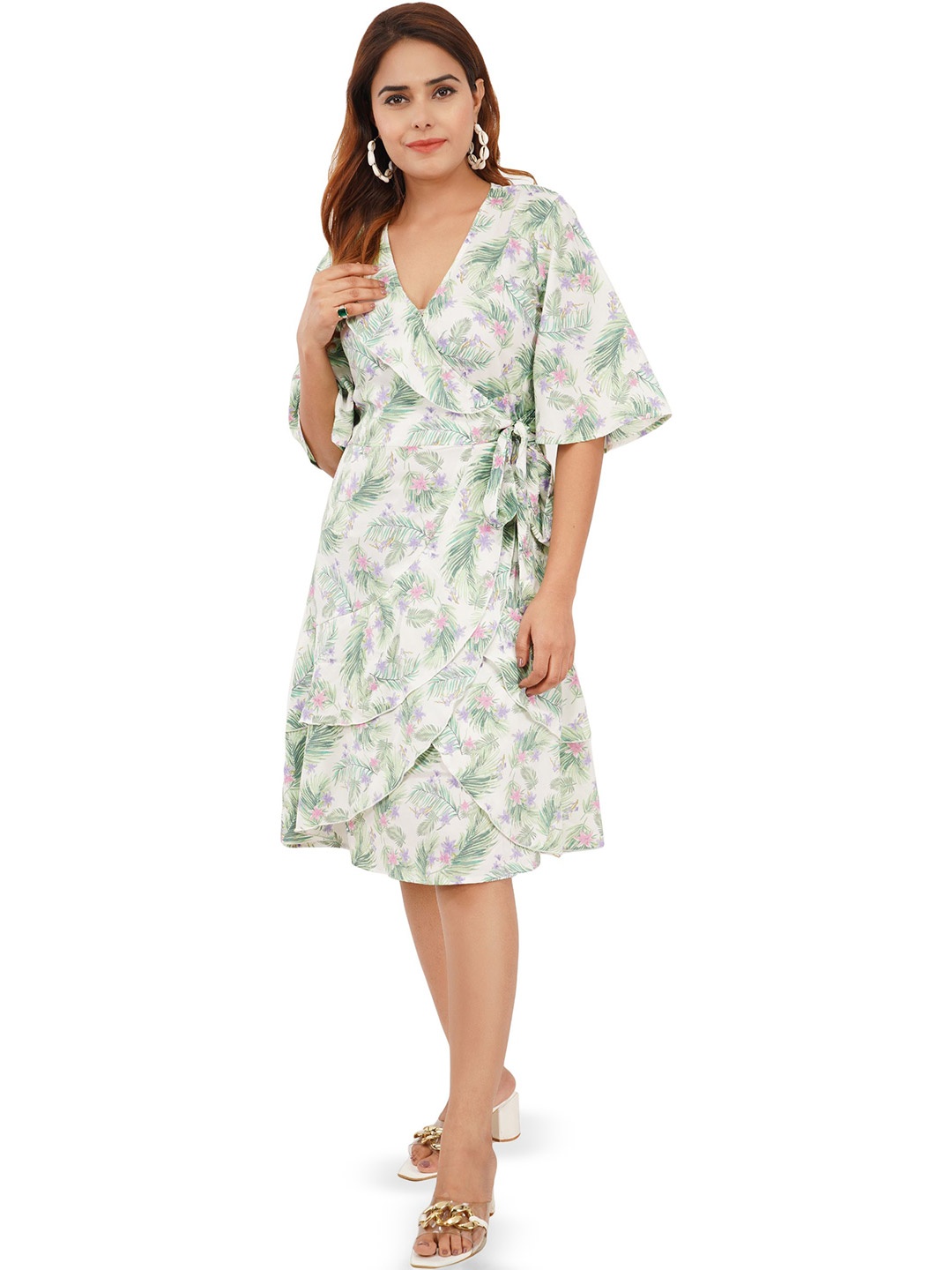 

Edla Women Tropical Printed Cotton A-Line Knee Length Dress, White