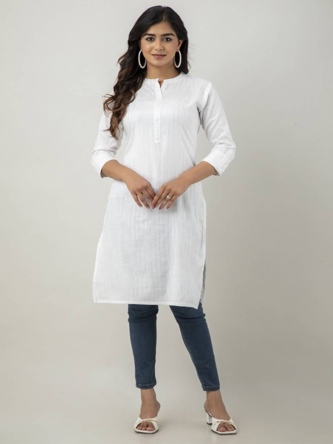 

WESTERN COTTON Women Striped Mandarin Collar Neck Cotton Kurta, White