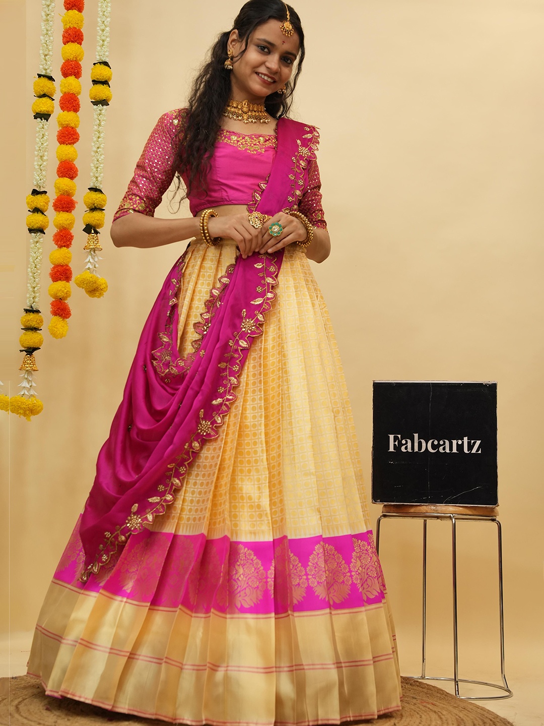 

Fabcartz Embroidered Semi-Stitched Lehenga & Unstitched Blouse With Dupatta, Pink