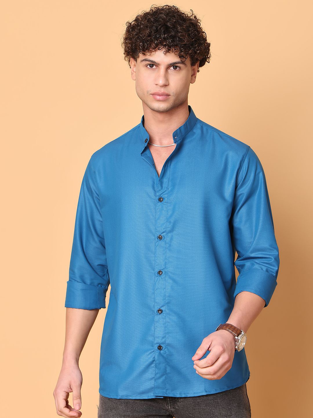 

Tanip Men Band Collar Solid Cotton Casual Shirt, Blue