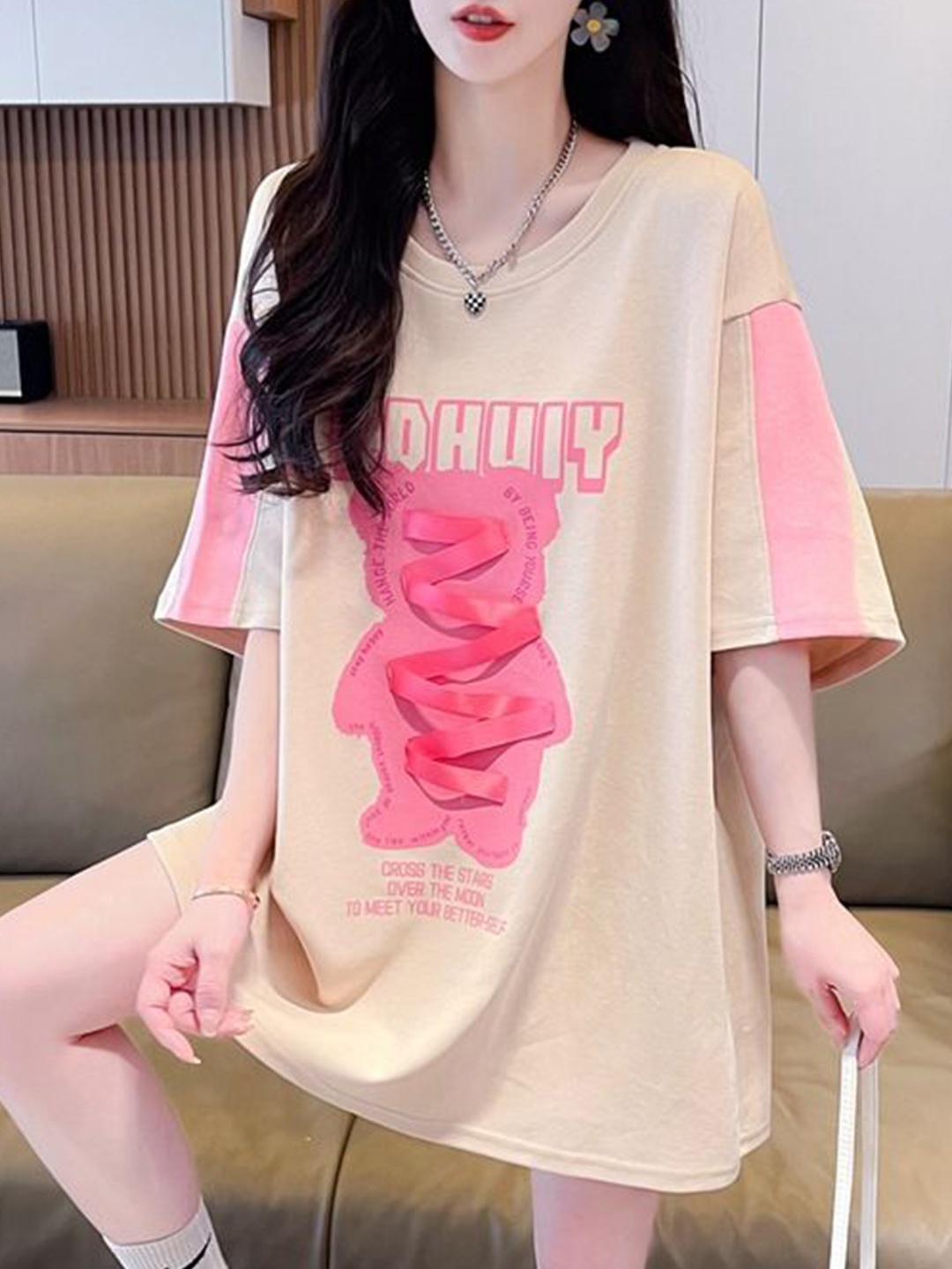 

StyleCast x Revolte Women Printed Drop-Shoulder Sleeves Cotton T-shirt, Khaki