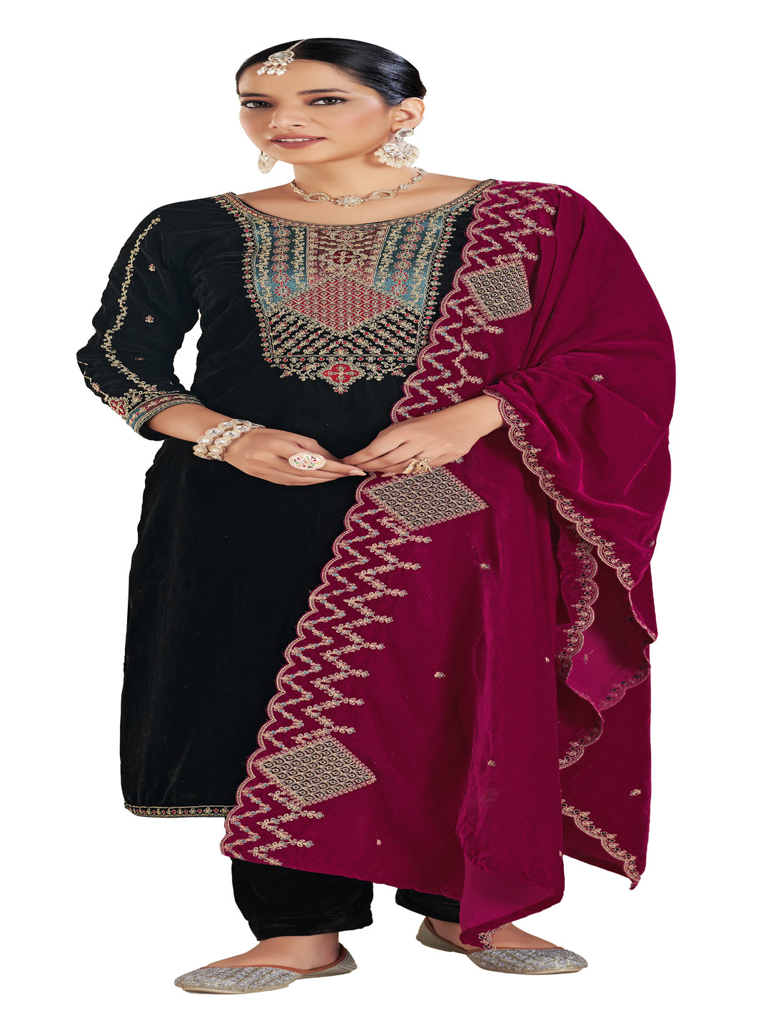 

DRAVINAM Trends Floral Embroidered Velvet Unstitched Dress Material, Black