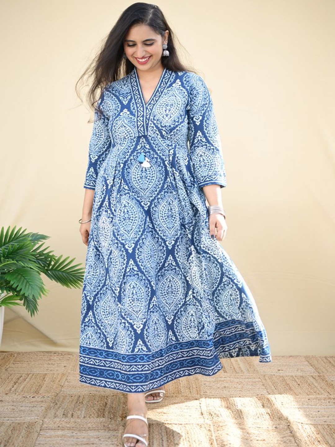 

Amaya Ethnic Motifs Print A-Line Midi Dress, Blue