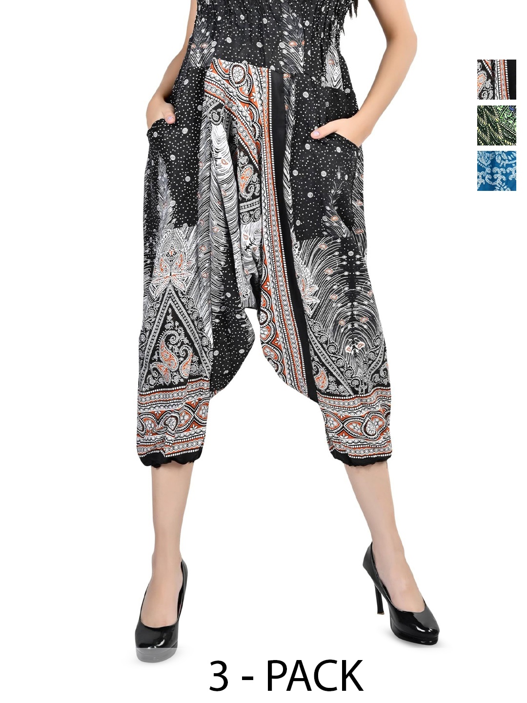 

NarNari Pack Of 3 Printed Mid-Rise Harem Pants, Blue