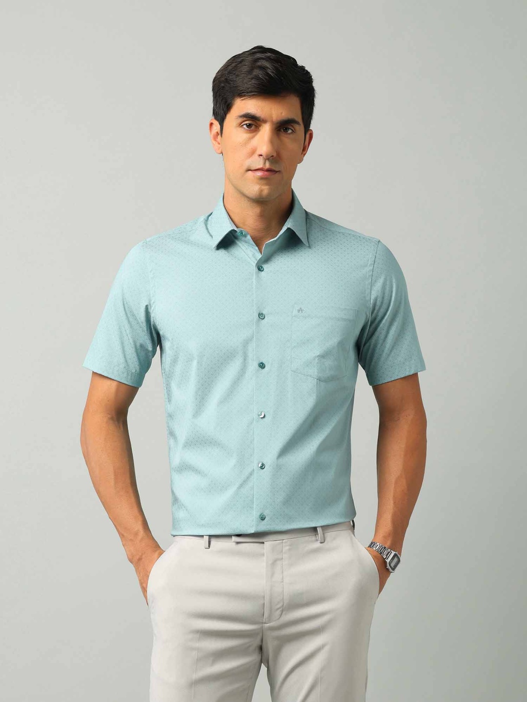 

Arrow Men Classic Fit Spread Collar Geometric Printed Cotton Formal Shirt, Green