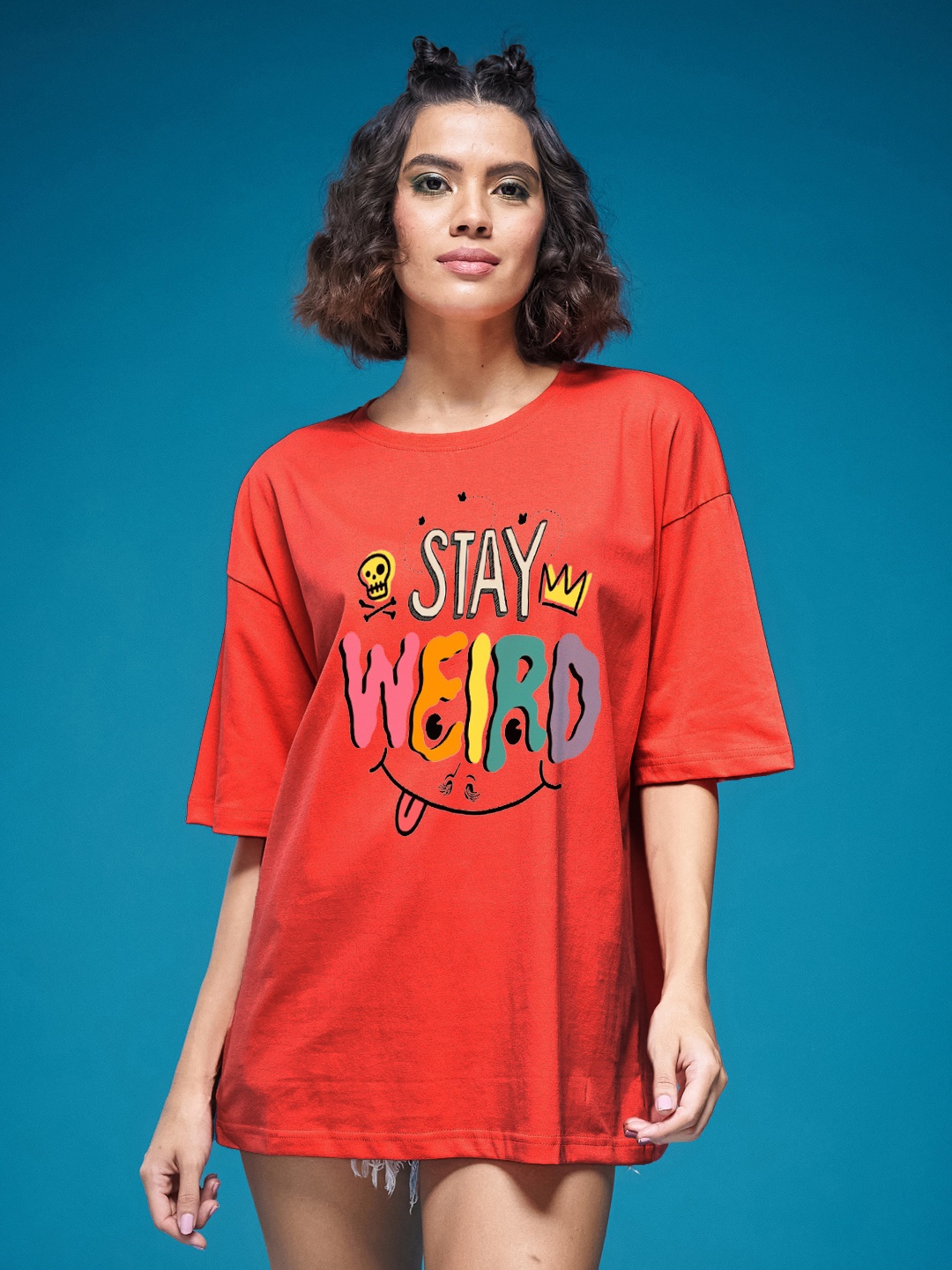 

SMARTEES Women Typography Printed Round Neck Cotton Oversized T-shirt, Red