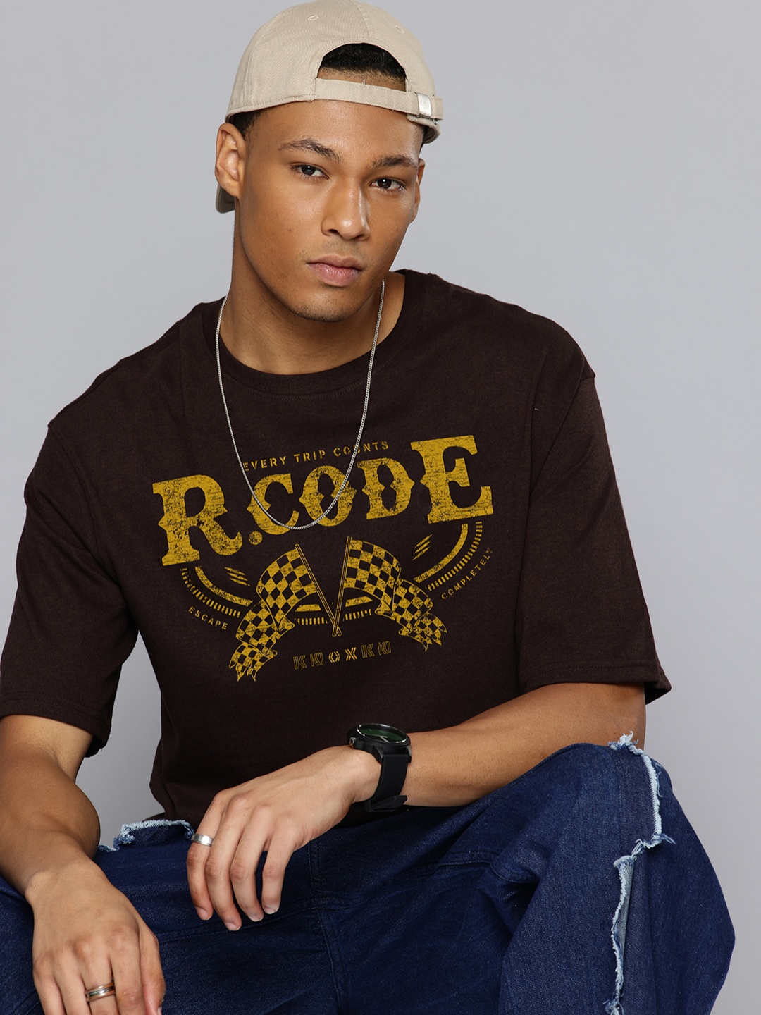 

R.Code by The Roadster Life Co. Men Printed Raw Edge T-shirt, Coffee brown