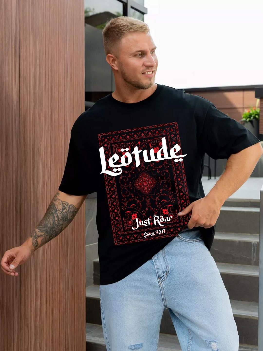 

Leotude Men Graphic Printed Round Neck Cotton Relaxed Fit T-shirt, Black