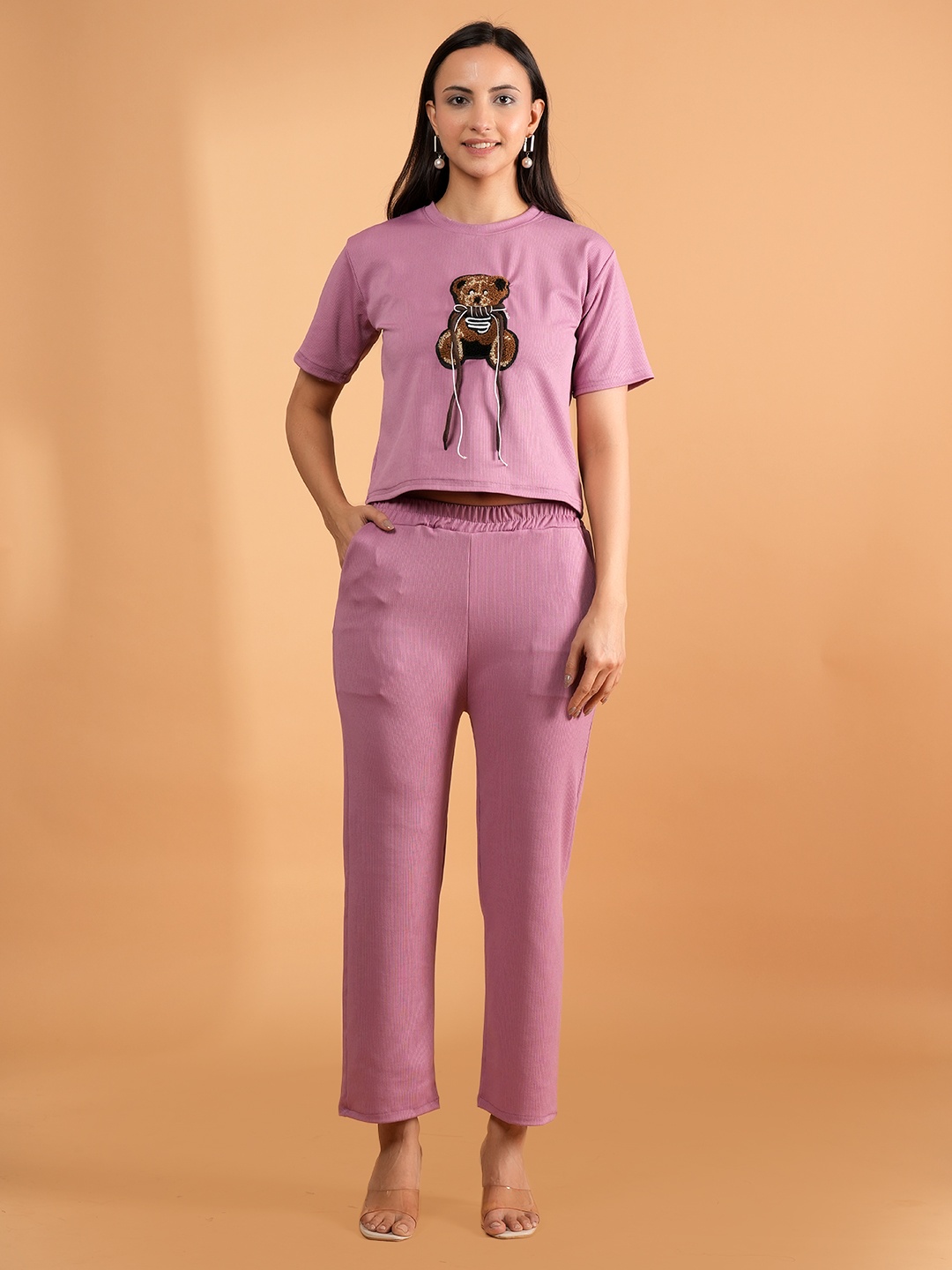 

NEYSA Embroidered Round Neck T-Shirt With Trousers, Pink