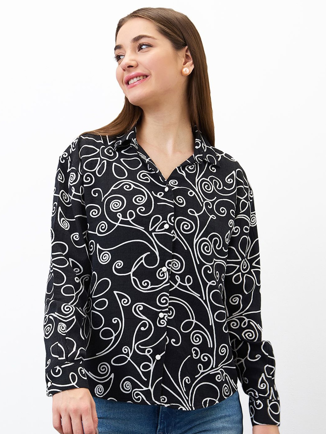 

SPYKAR Women Printed Shirt Style Top, Black