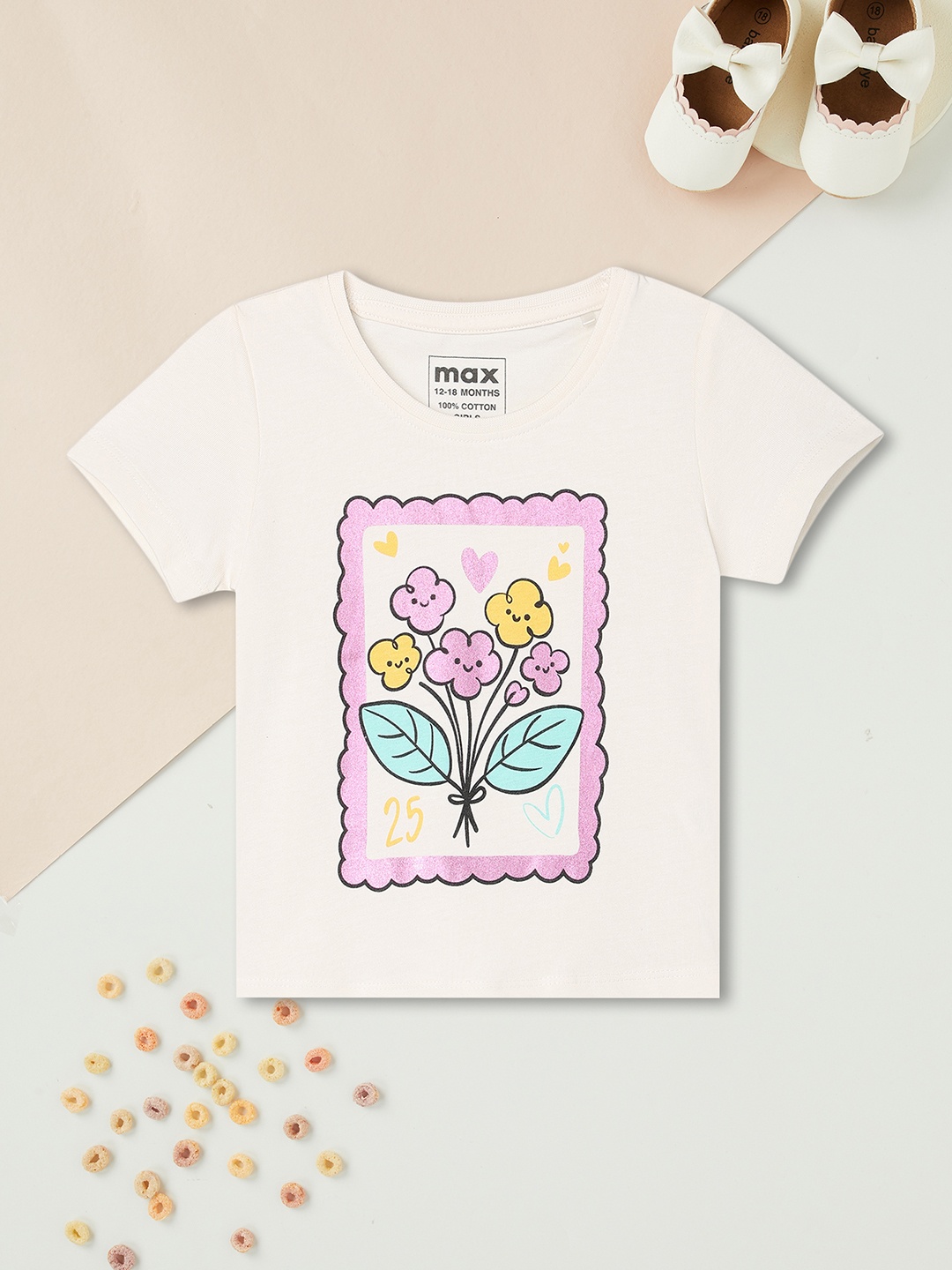 

max Girls Floral Printed Round Neck Cotton T-shirt, White