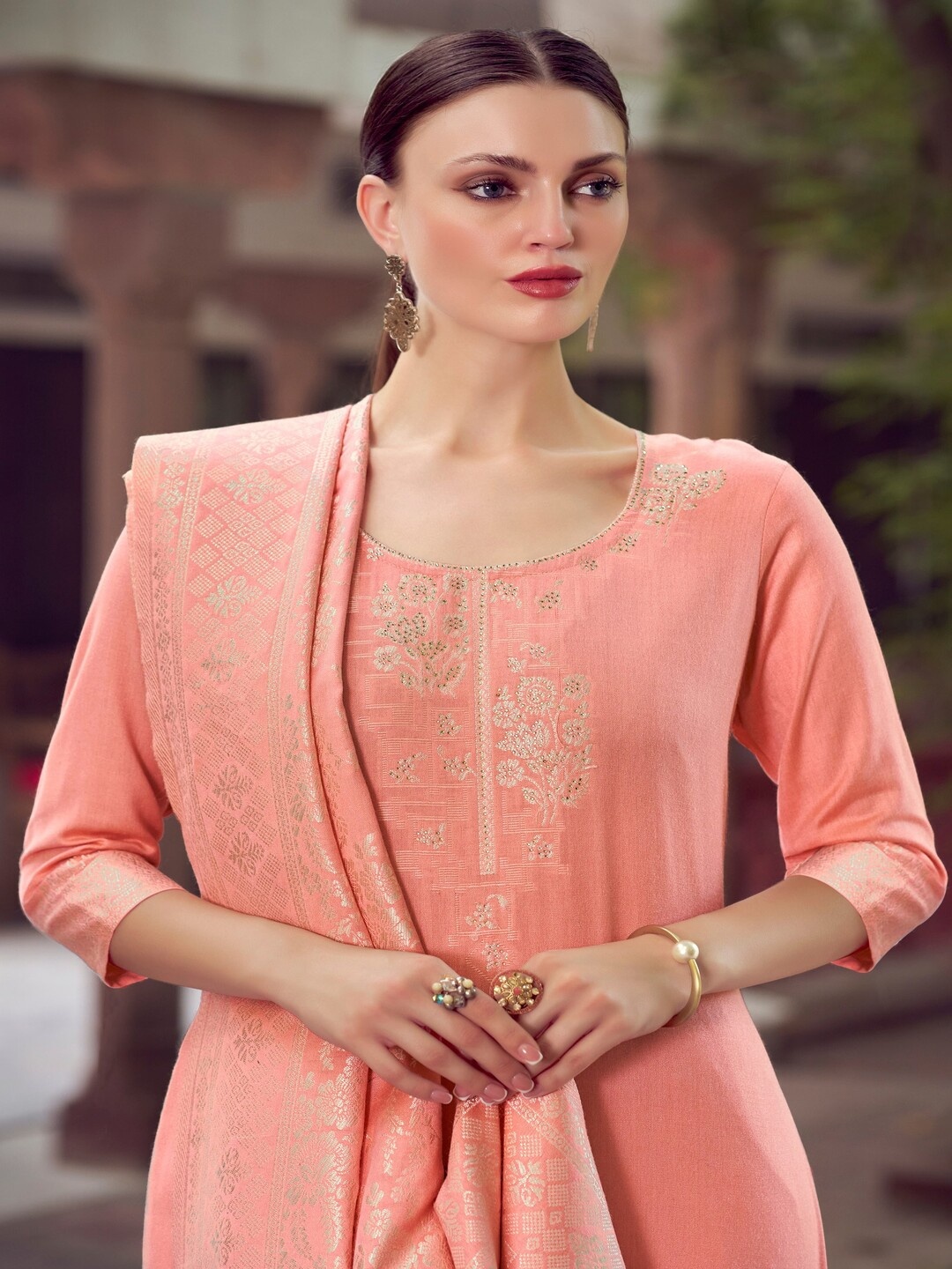 

DRAVINAM Trends Floral Embellished Unstitched Dress Material, Peach