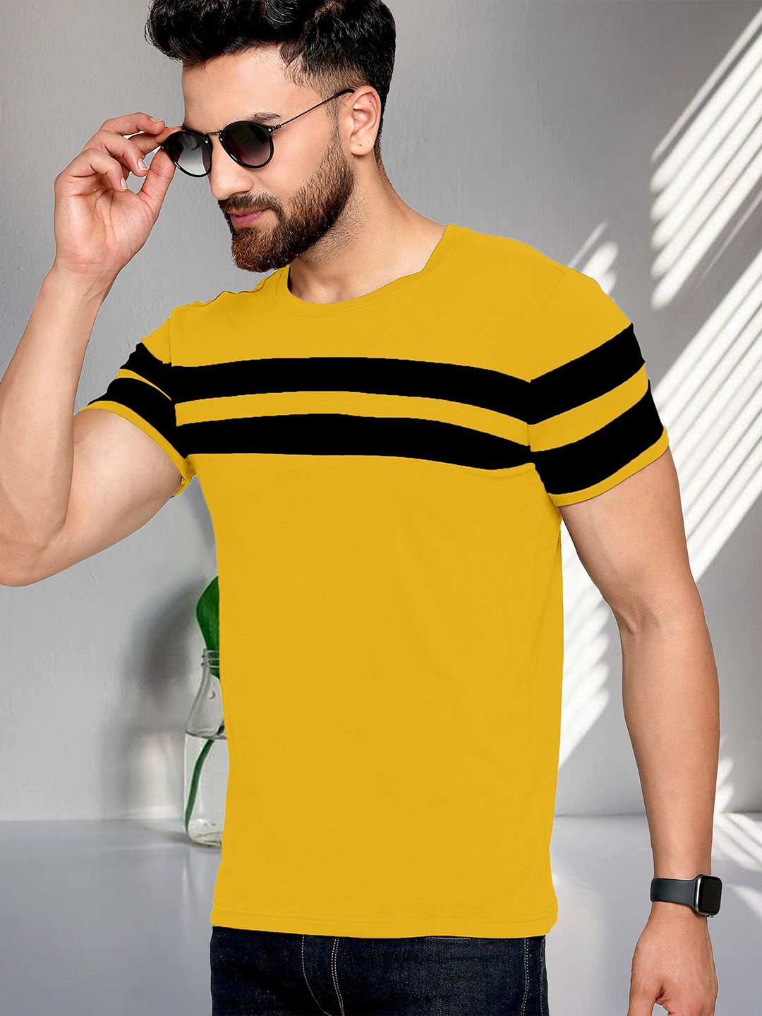 

AOOSH Men Striped Round Neck Cotton T-shirt, Mustard